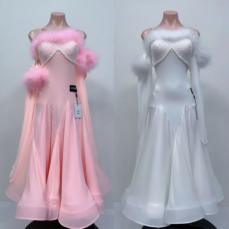 

Waltz Ballroom Dance Competition Clothing 2026 Pink White Feather Dress Pearl Lace Long Dress Party Prom Perform Wear BL14707