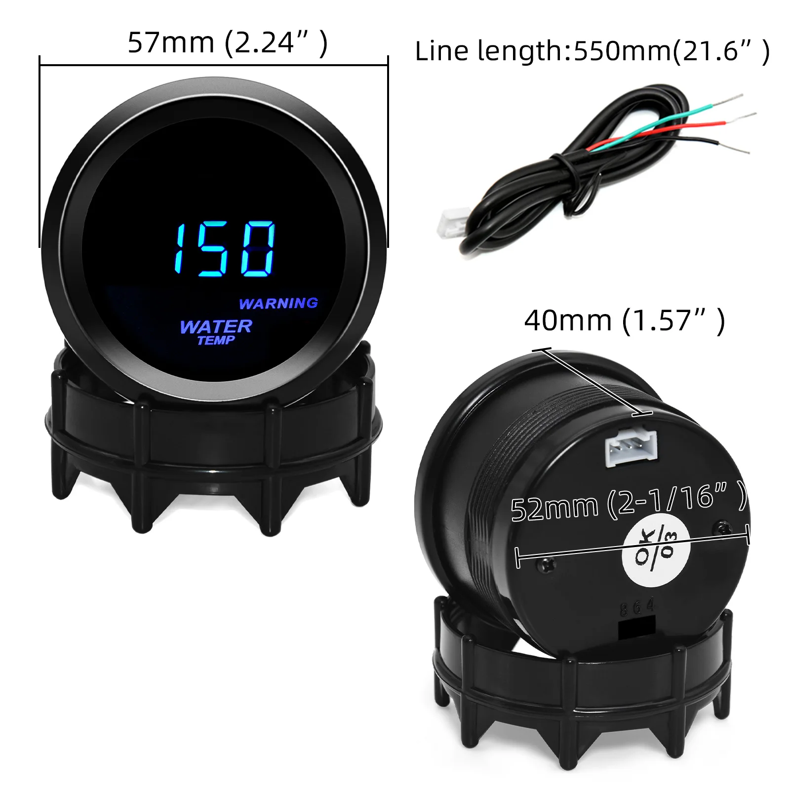 52mm Water Temp Meter Volt Tachometer Oil Pressure Gauge Blue LED Car Meter with Warning Alarm + 1/8NPT Temperature Sensor