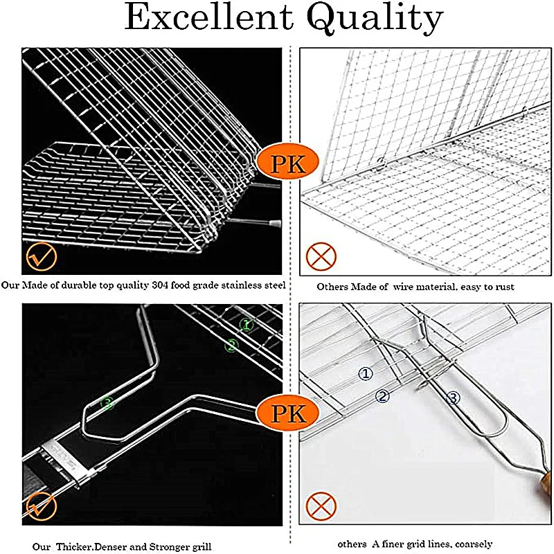 Barbecue Basket Stainless Steel Detachable Folding Square Grill For Roasting Fish Shrimp And Kabob Vegetables On The Stove