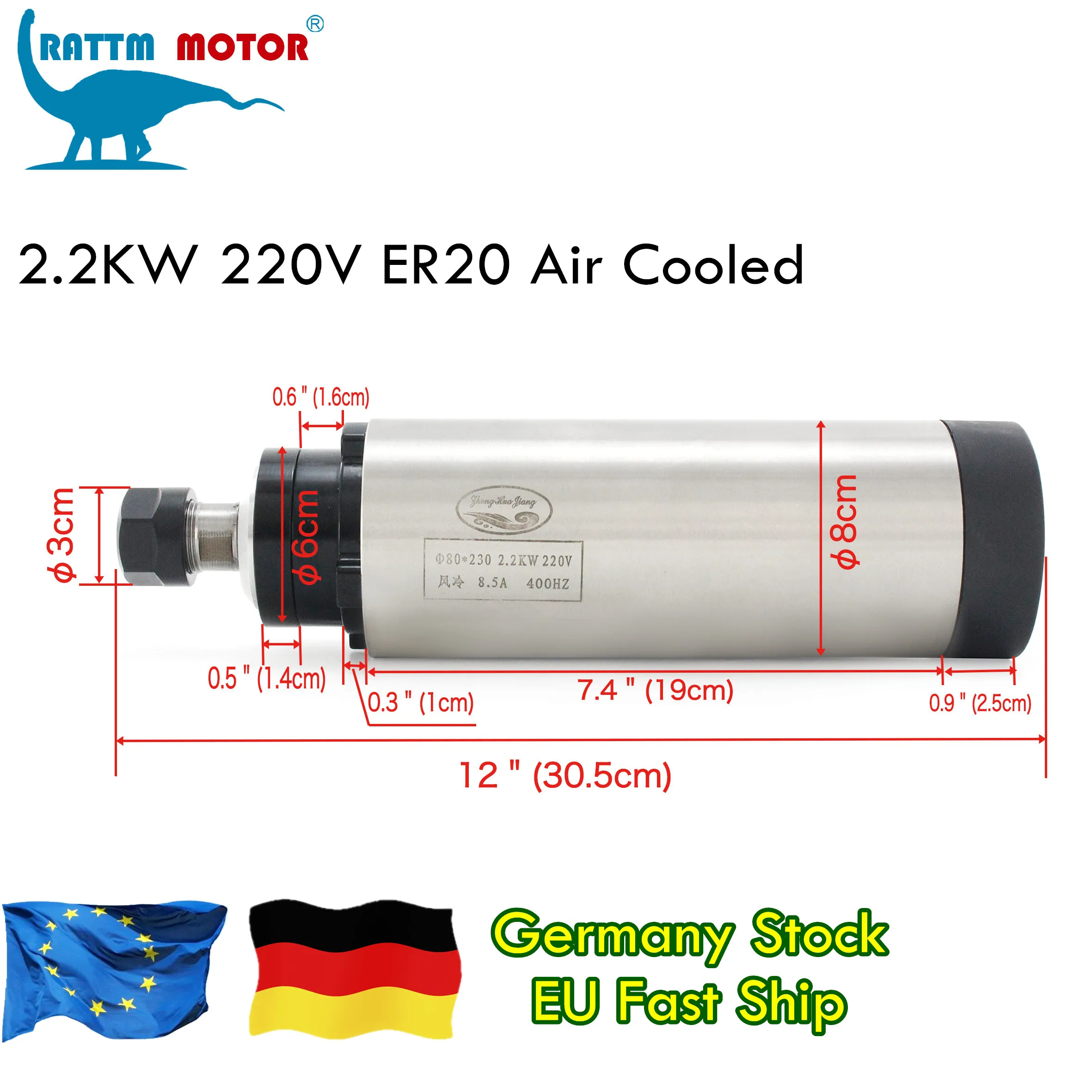 『EU Stock』2.2kw Air Cooled Spindle Kit 220v CNC Motor 80*230mm & 2.2kw Huanyang VFD & 80mm Bracket for wood Milling Engraving