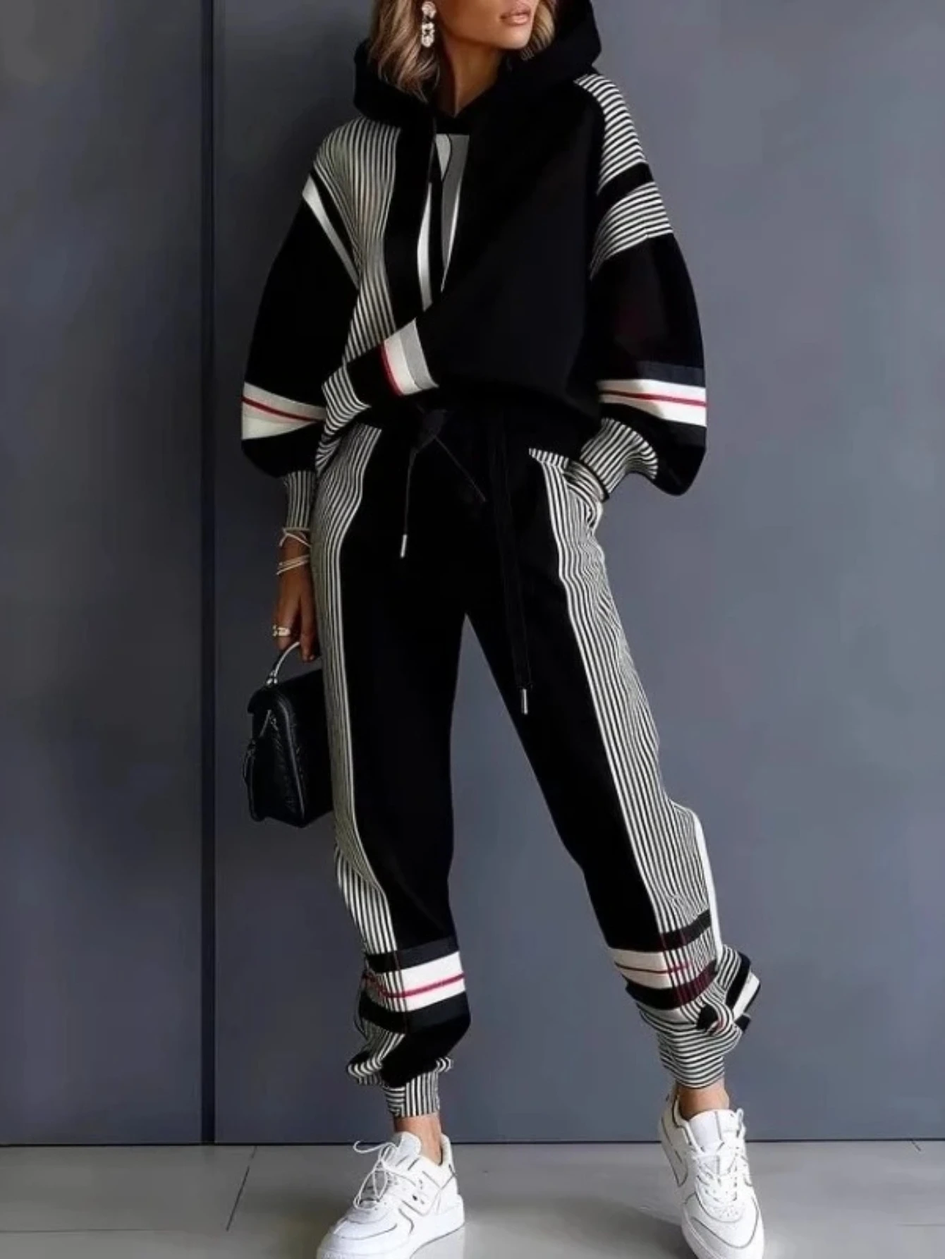 

2026 Spring Two-Piece Sport Winter Loose Fit Fashion Plus Size Pant Sets American Stripe Round Neck Sweatshirt and Pants Set