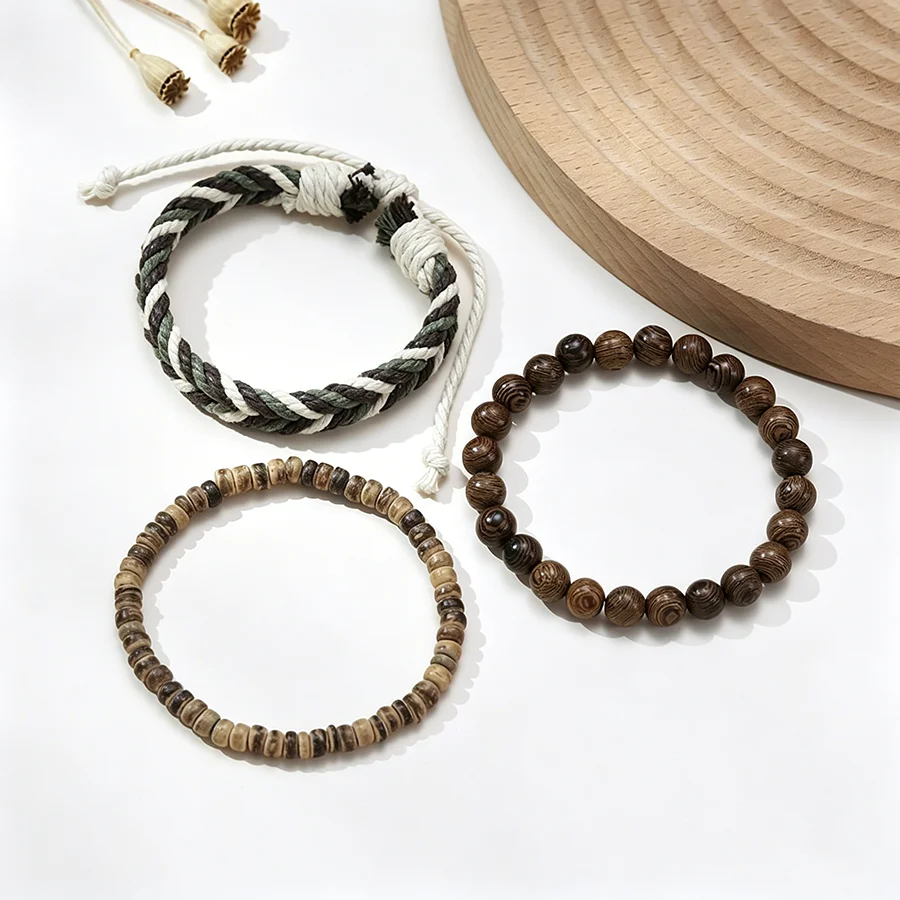 Ensemble de bracelets élégants pour hommes, faits à la main, tressés, ethniques, en corde, perles de coquille de noix de coco naturelle, accessoires de méditation et de guérison, bijoux