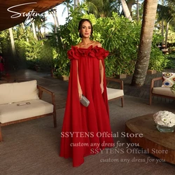 SSYTENS Red Beach Evening Dresses With Draped Sleeves Wedding Guest Dress Pleats Chiffon Party Formal Gown Special Occasion Gown