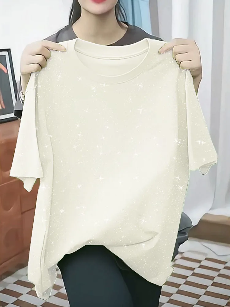 Black Sequin Star Craft Short Sleeve Women's T-shirt Summer New Loose Elegant Age-Defying Top Cotton Korean Style round Neck
