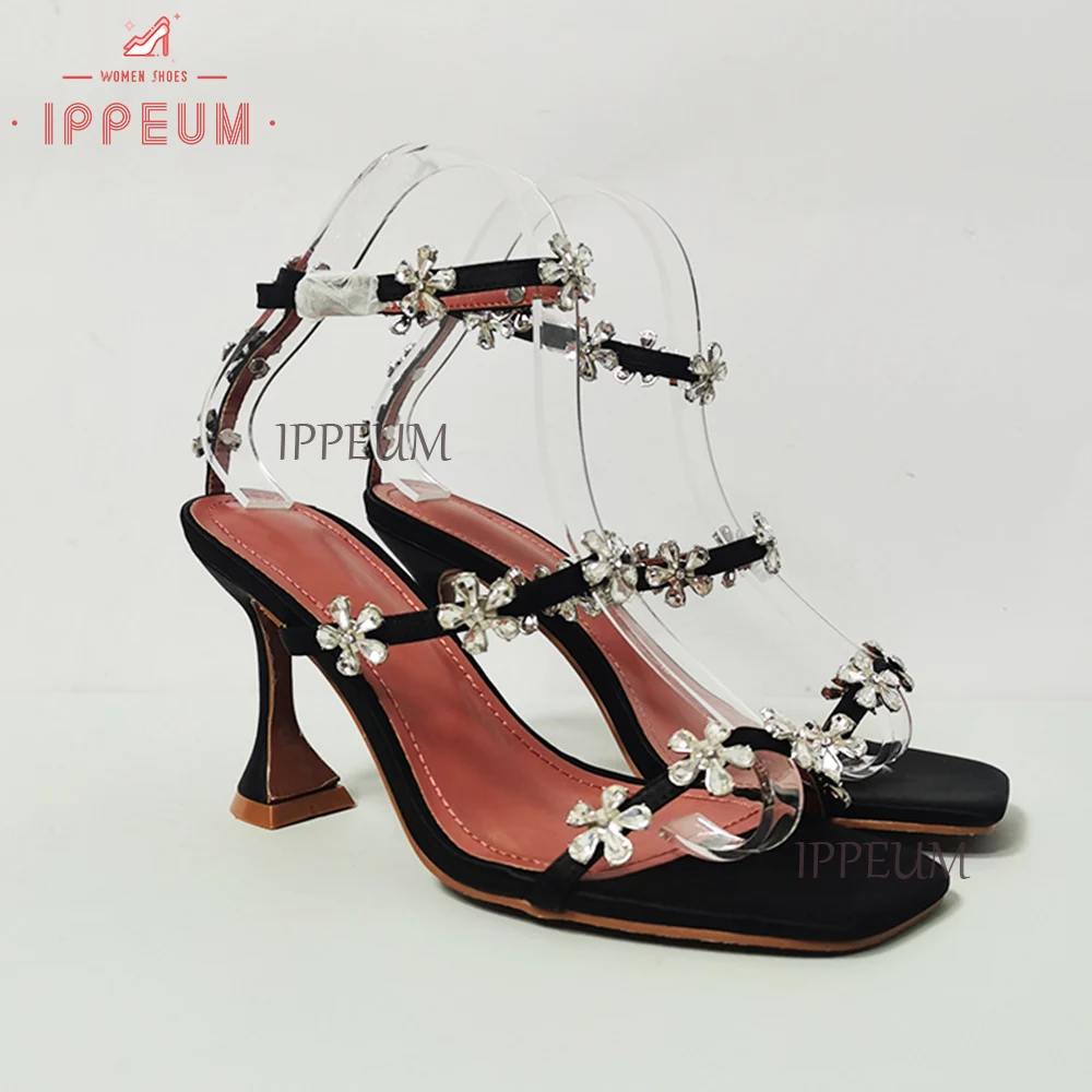 IPPEUM Crystal Flower Slides Women Black High Heels Runway Designer y2k Shoes 2023 New In Luxury Brand Dupes Satin Sandals