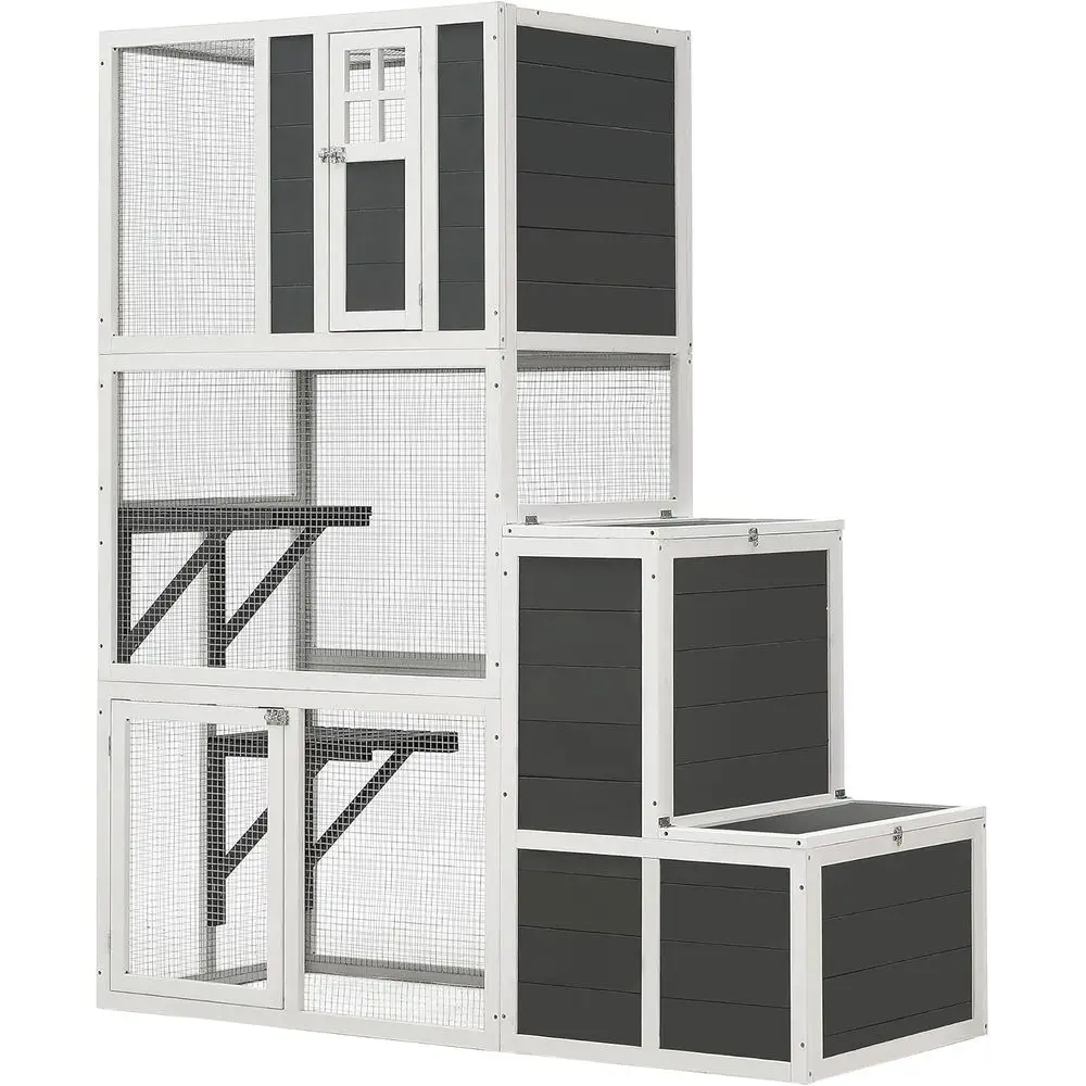 

71 H Outdoor Cat House with 4 Platforms & 2 Doors, Cat Patio Enclosure with Hideaway Litter Box & Jump Box, Gray