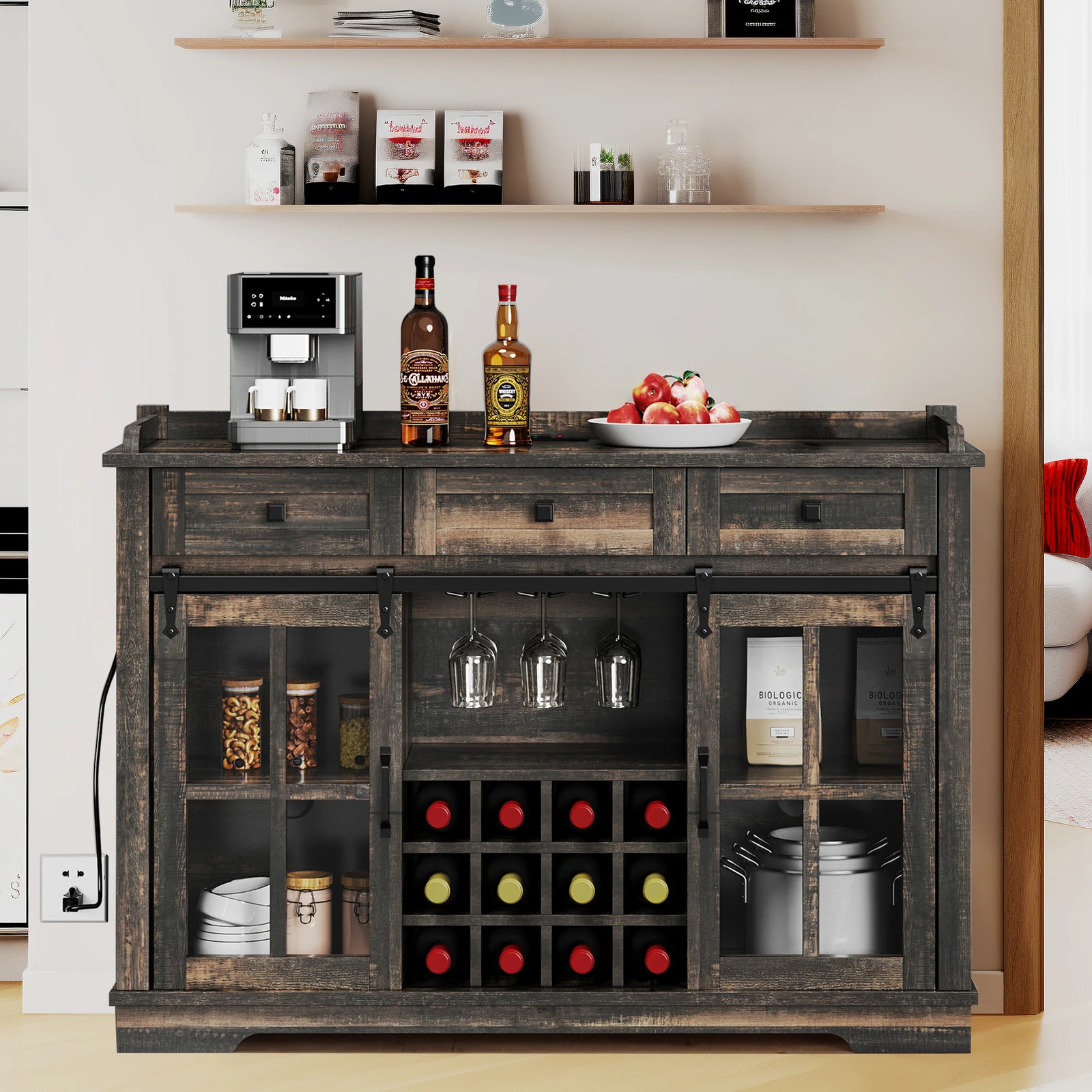 

53" Cabinet Sideboard with 3 Drawers Liquor Coffee Bar Cupboard