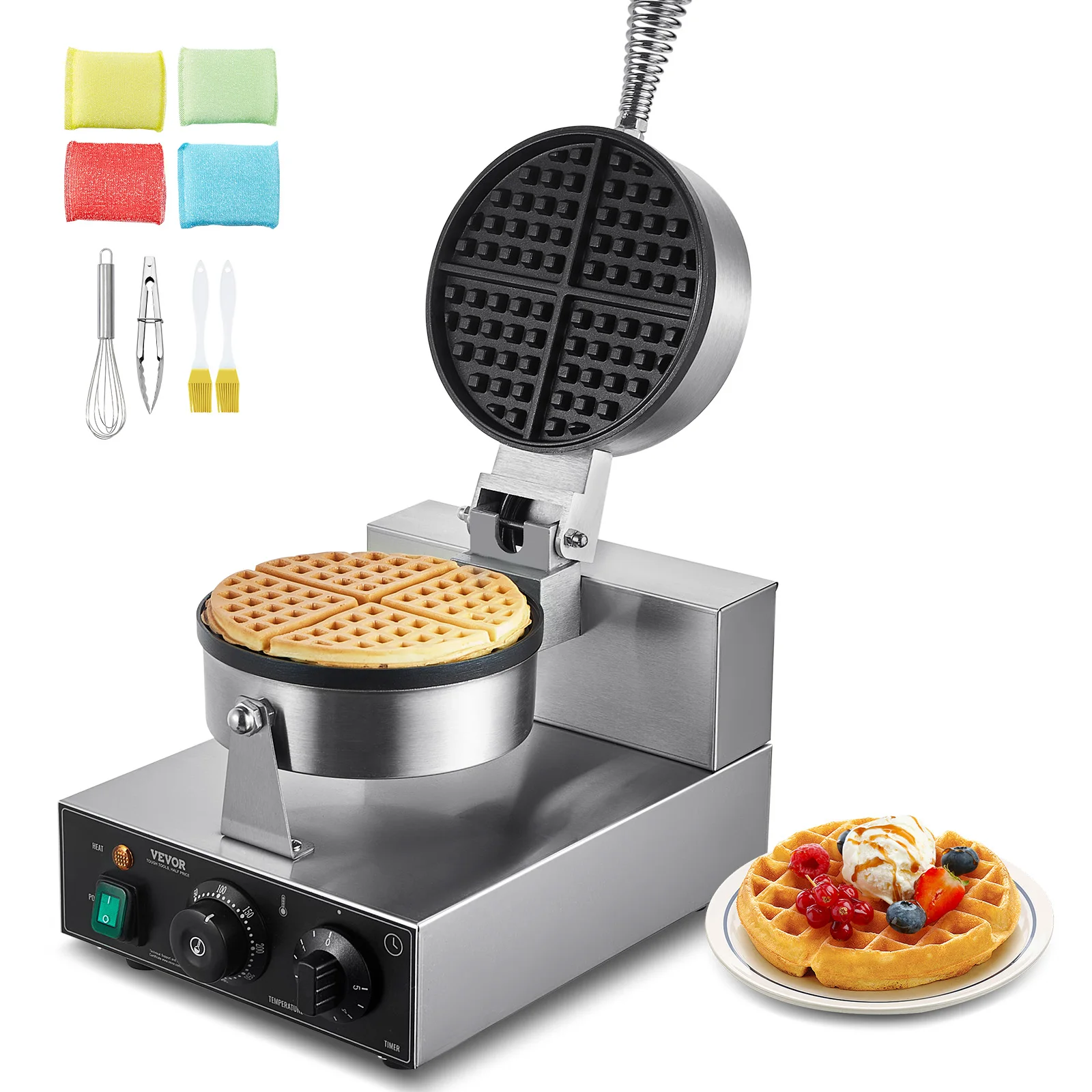 VEVOR Commercial Waffle Maker 1230W Round Waffle Baker Machine Non-Stick Stainless Steel Belgian Waffle Iron with TIme Control