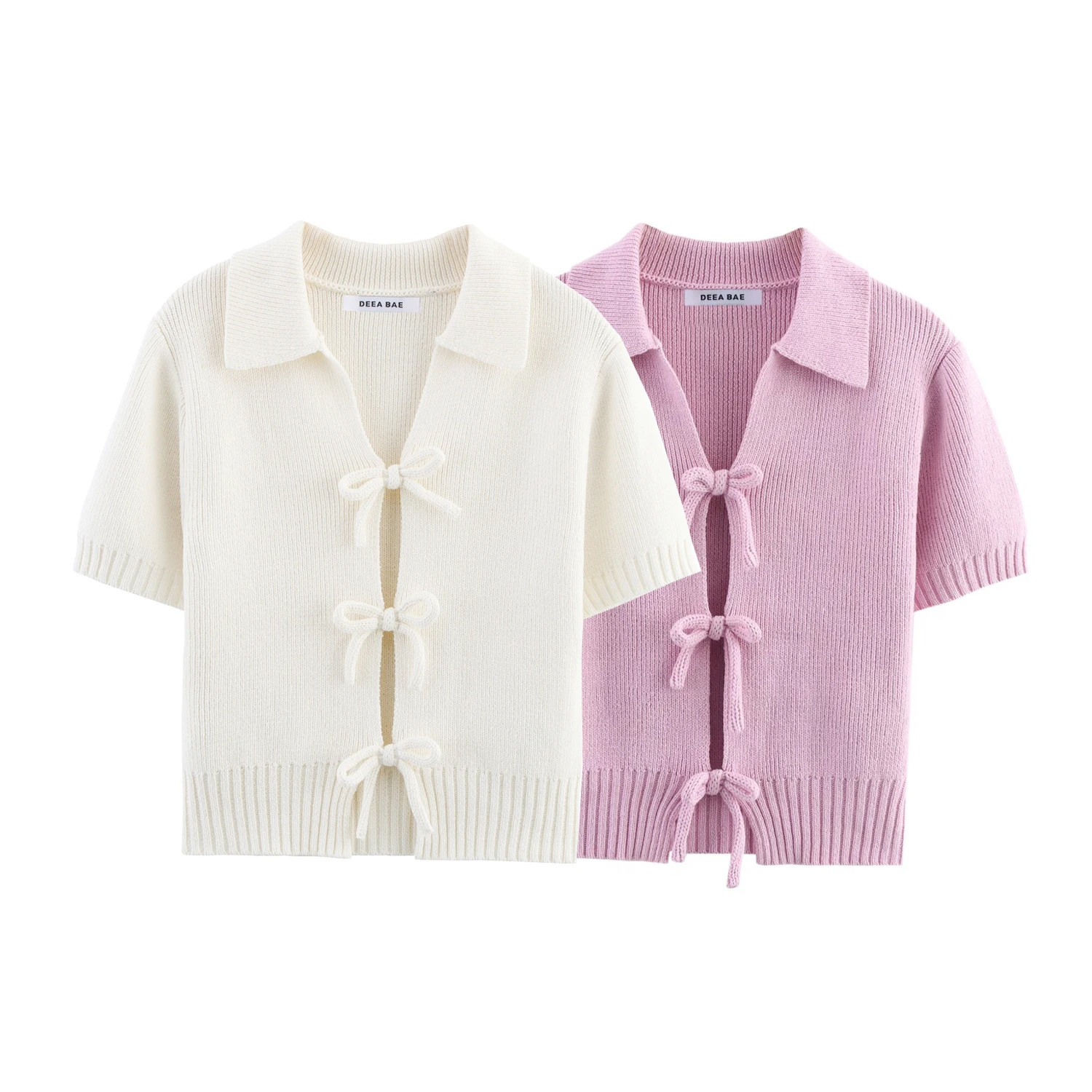

2026 Summer New Women's French Ribbed Lined Bow Embellished Knit Short Sleeve Round Neck Top