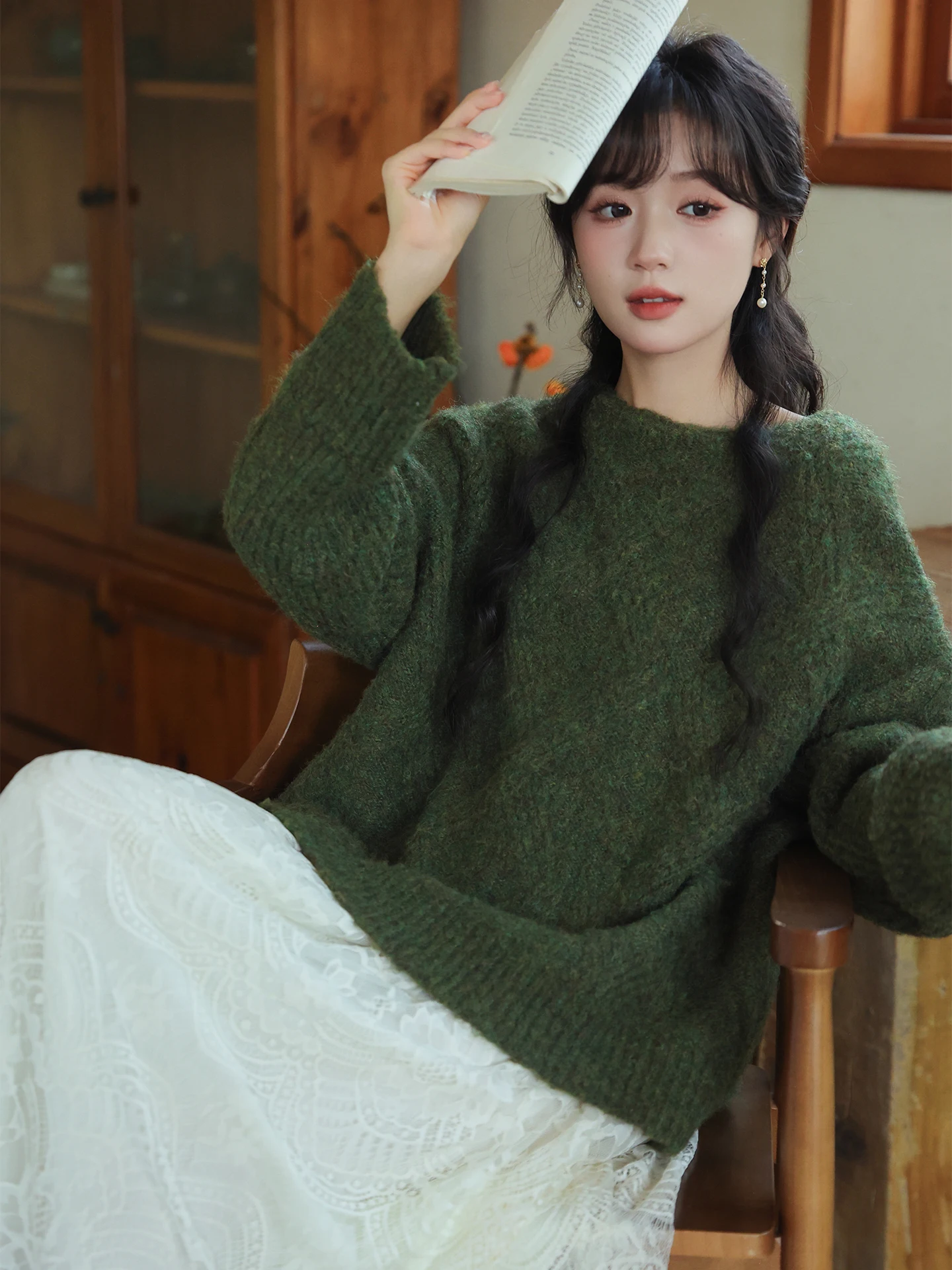 

Loose Knitted Lace f Skirt Set Autumn Sle Casual Comfortable New Chinese National Trend Soft Plu Long Sve round Ne