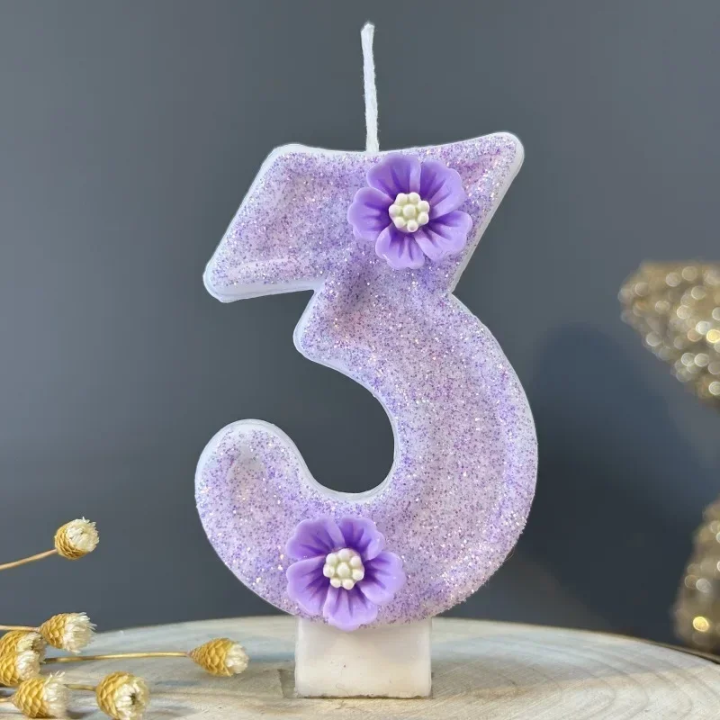 Purple Barbei Birthday Beautiful Birthday Number Candles Sparkling for Cake Topper Decoration Flower Pure Bee Honey Candles