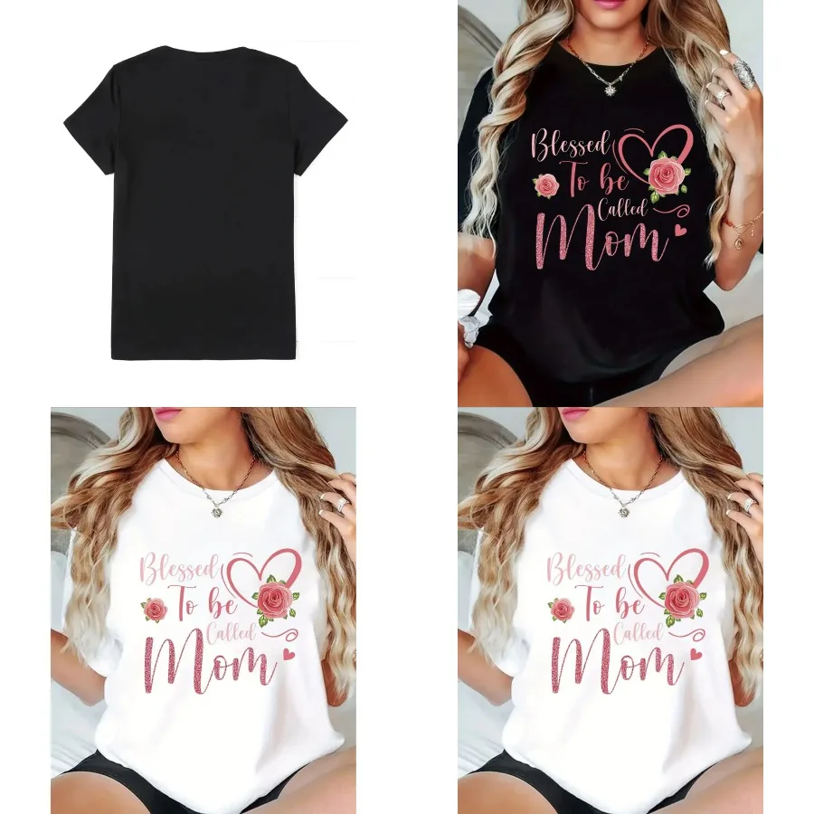 【New style】Women's 'Blessing of Being Called Mom' T-Shirt - Pink Heart and Rose Print Short Sleeve Round Neck Top Casual Comfor