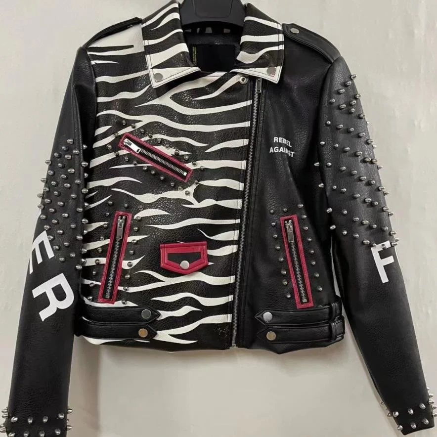 Long Spring Autumn Street Fashion Sleeves Rivet PU Faux Leather Jacket Graffiti Printed Punk Style Motorcycle Slim Women's Coat