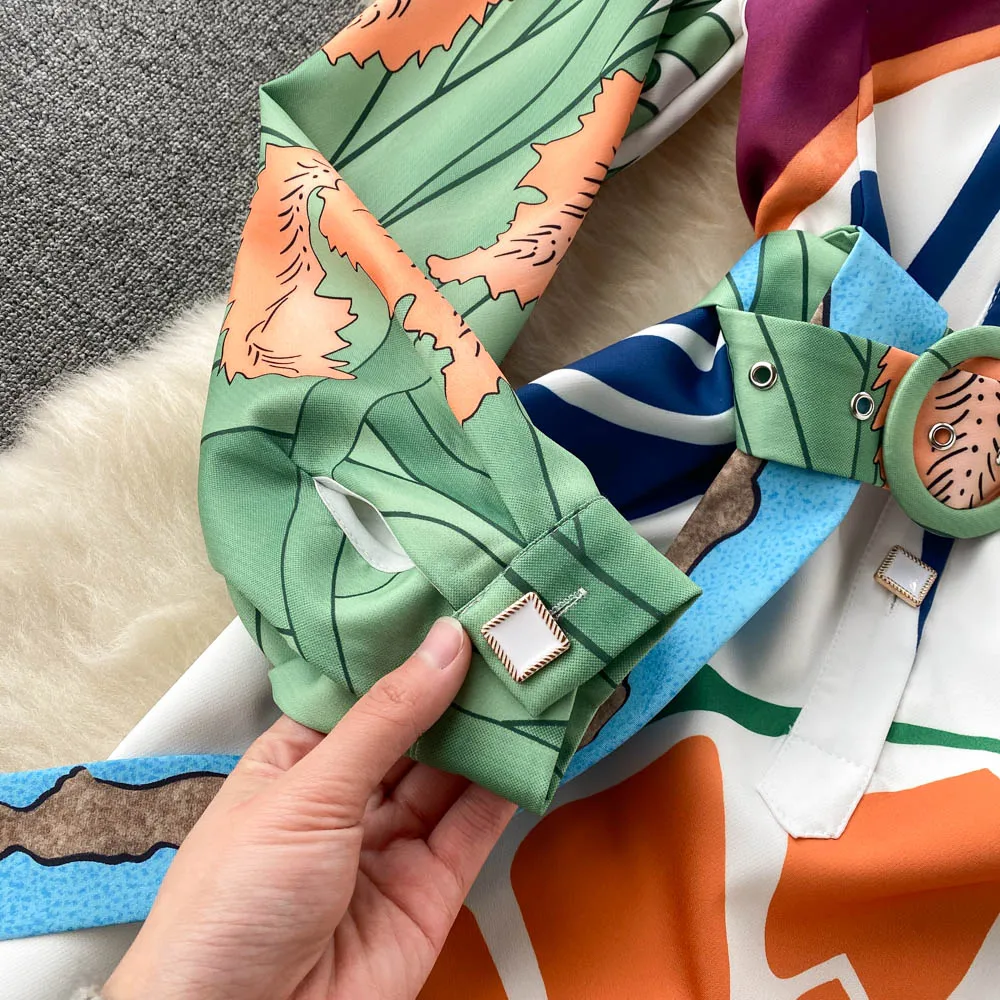 2023 Runway Design Irregular Cartoon Printing Long Sleeves Peter Pan Collar Buttons Sashes Split Bud Short Dress Vestidos