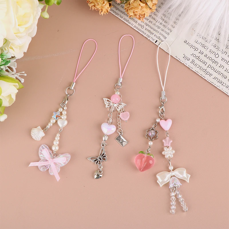 Sweet Peach Bowknot Phone Chain Shell Heart Pendant Earphone Case Hanging Rope Anti-Lost Lanyard Strap Bag Decor