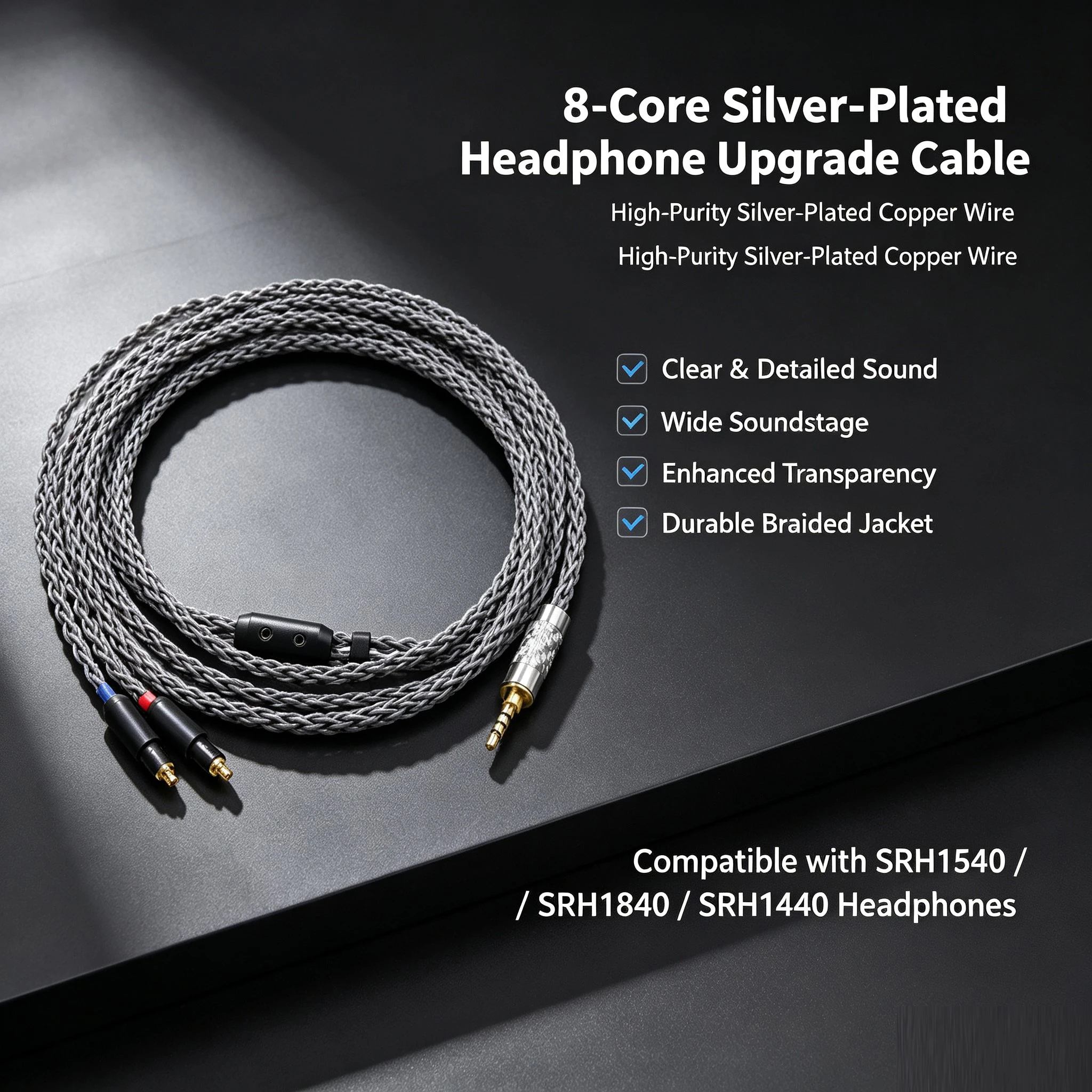 8 Core Silver Plated Headphon Cable Compatible with Shure SRH1540/SRH1840/SRH1440 Features 4-Pin XLR/ 6.35/3.5mm Interfaces