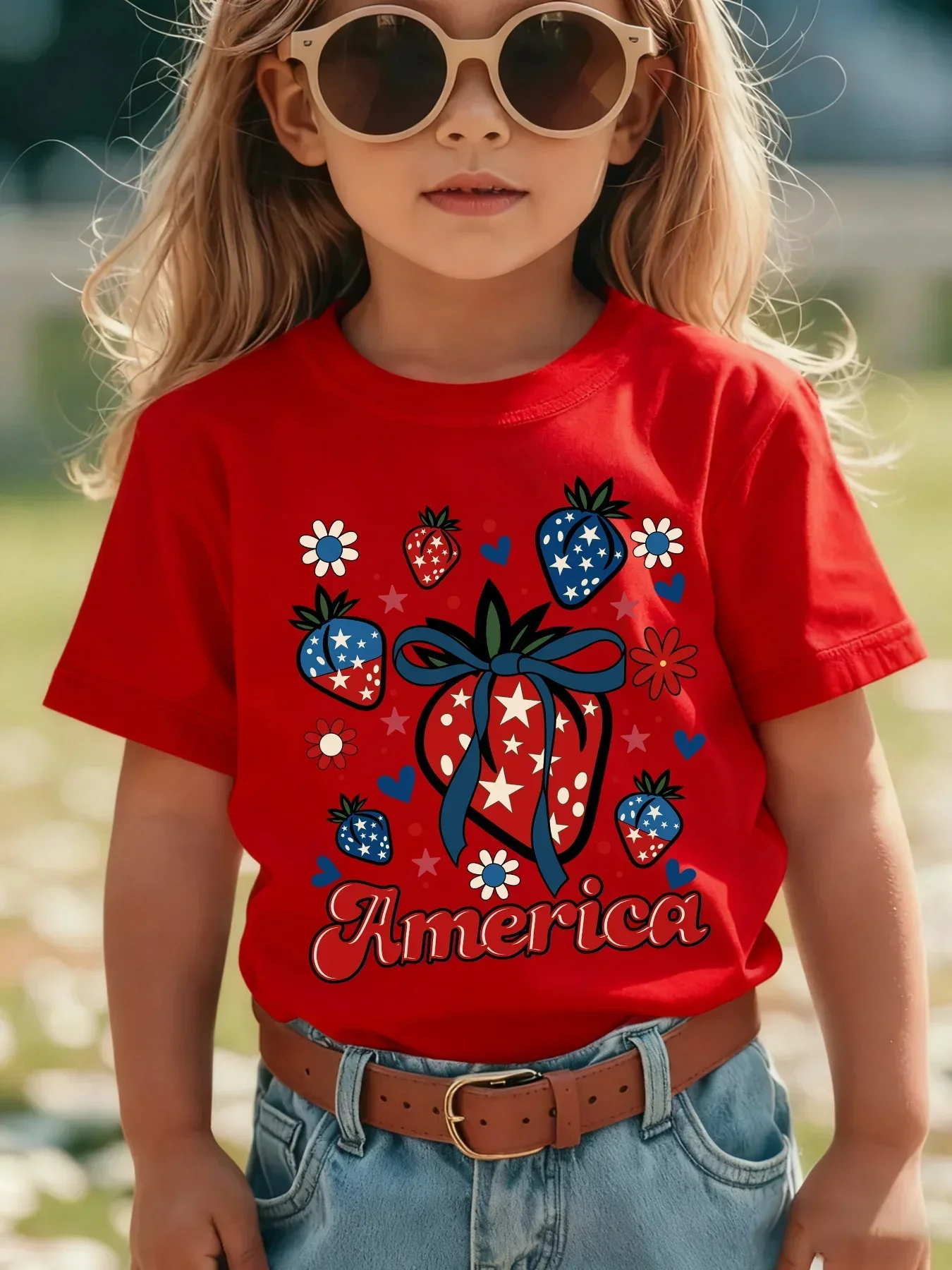 Patriotic 4th of July Kids Tee Flag Themed Strawberry Daisy Heart America Letter Print Girls Holiday Short Sleeve Fashion Top