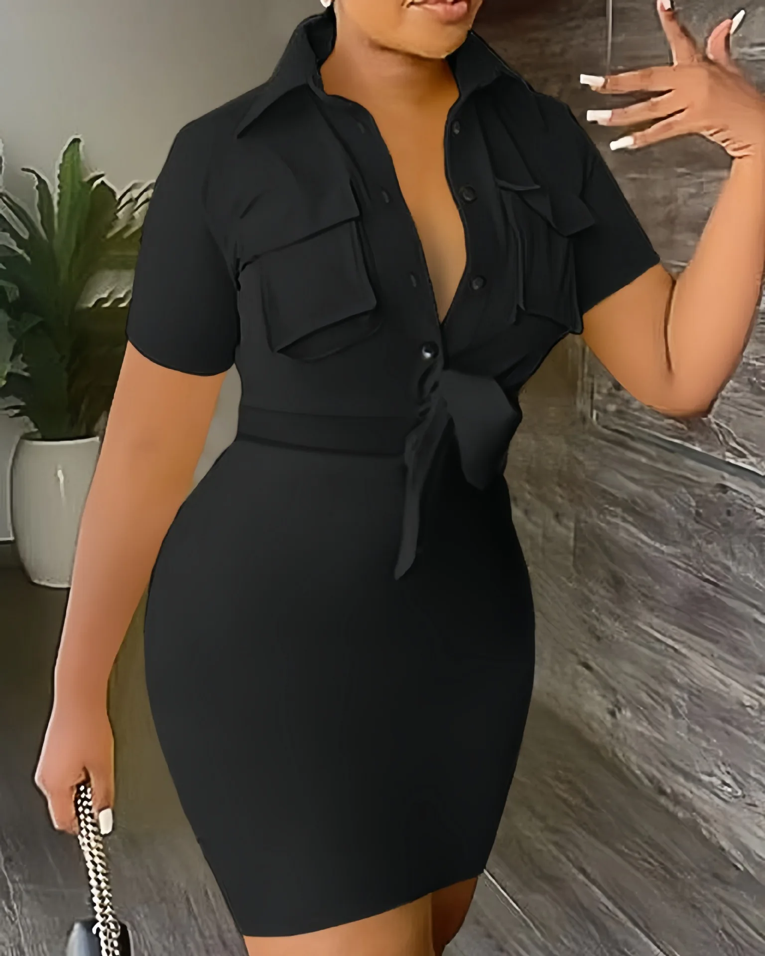 

Women's Dresses 2026 Summer Fashion Solid Color Lapel Short Sleeve Casual Pocket Design Tied Detail Mini Shirt Package Hip Dress