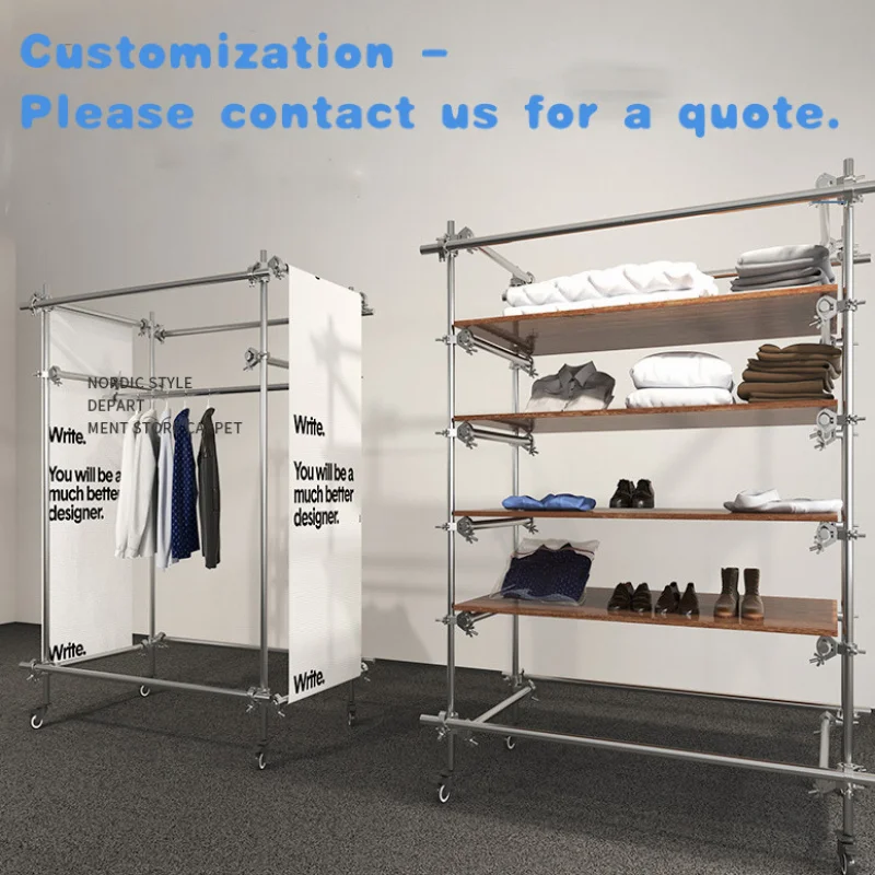 

Изготовленная на заказ вешалка для одежды в индустриальном стиле, напольные стеллажи для одежды из нержавеющей стали с колесами Магазин одежды