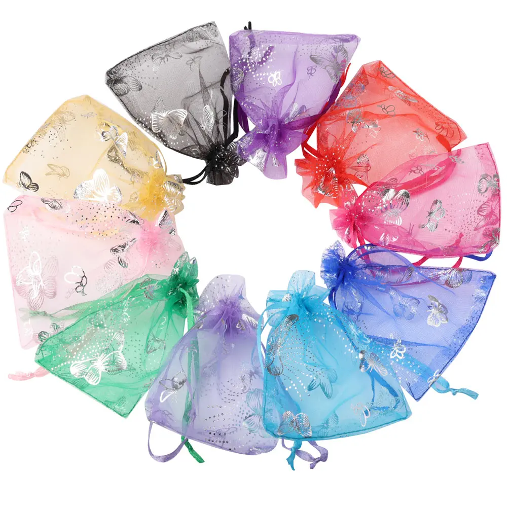 50pcs/Lot Silver Color Butterfly Organza Jewelry Bags 7x9cm 9x12cm 13x18cm Christmas Wedding Candy Gift Storage Drawstring Pouch