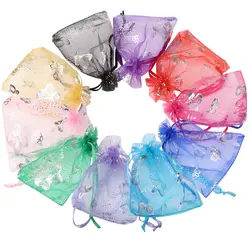 Bolsas de joyería de Organza de mariposa de Color plateado, bolsa de almacenamiento con cordón, regalo de dulces de boda de Navidad, 7x9cm, 9x12cm, 13x18cm, 50 unidades por lote