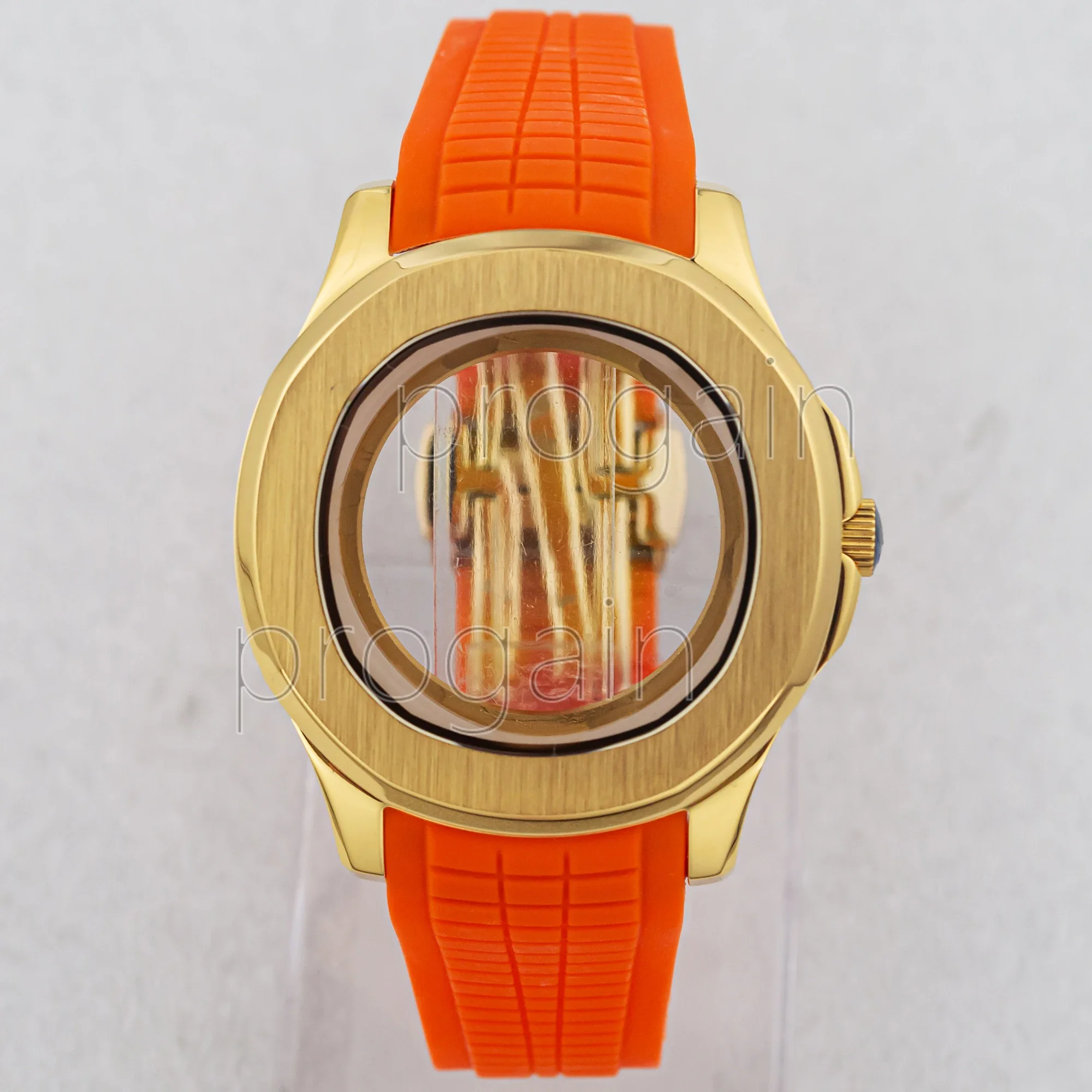 

5ATM Waterproof Stainless Steel Case Transparent Glass Bottom Gold Case Rubber Strap for Nautilus AQUANAUT NH35 NH36 Movement