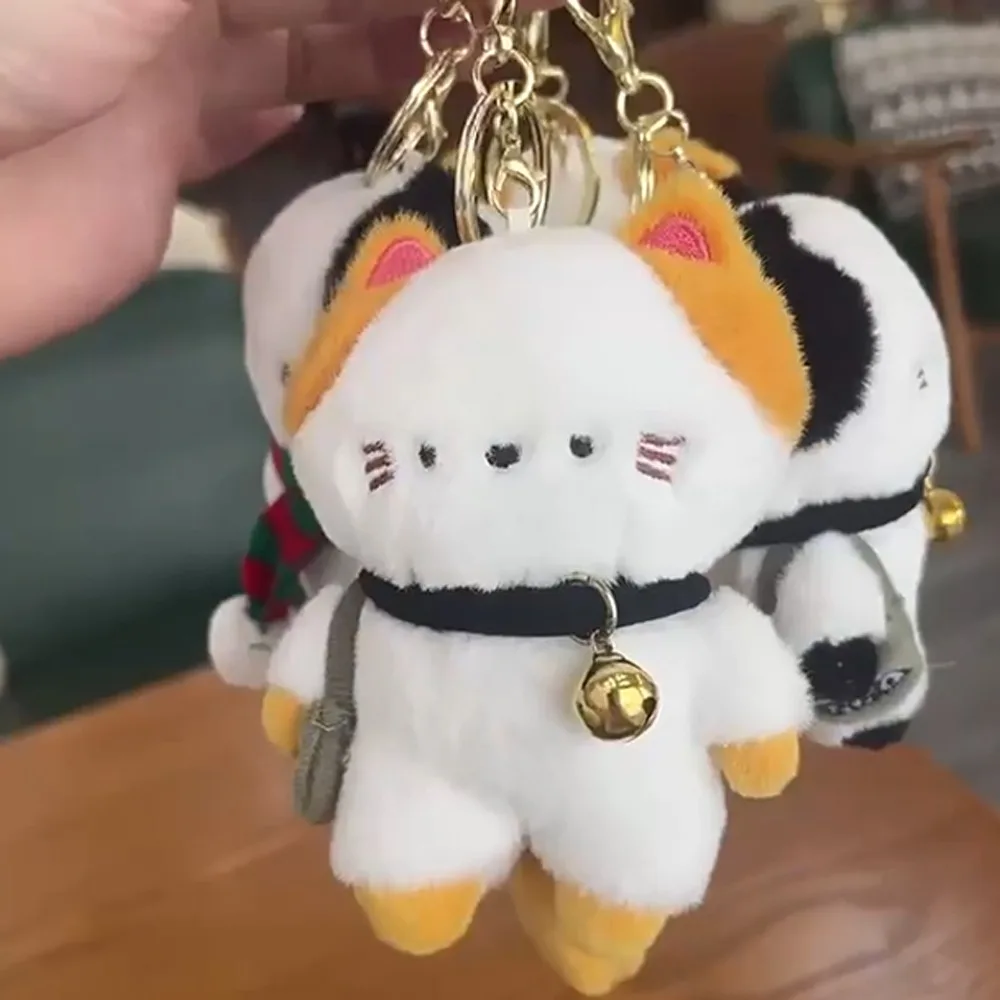 섬세한 여행 새끼 고양이 플러시 고양이 가방 펜던트 벨 스카프 고양이 플러시 열쇠고리 PP 코튼 만화 플러시 고양이 인형 열쇠고리 여성 소녀용