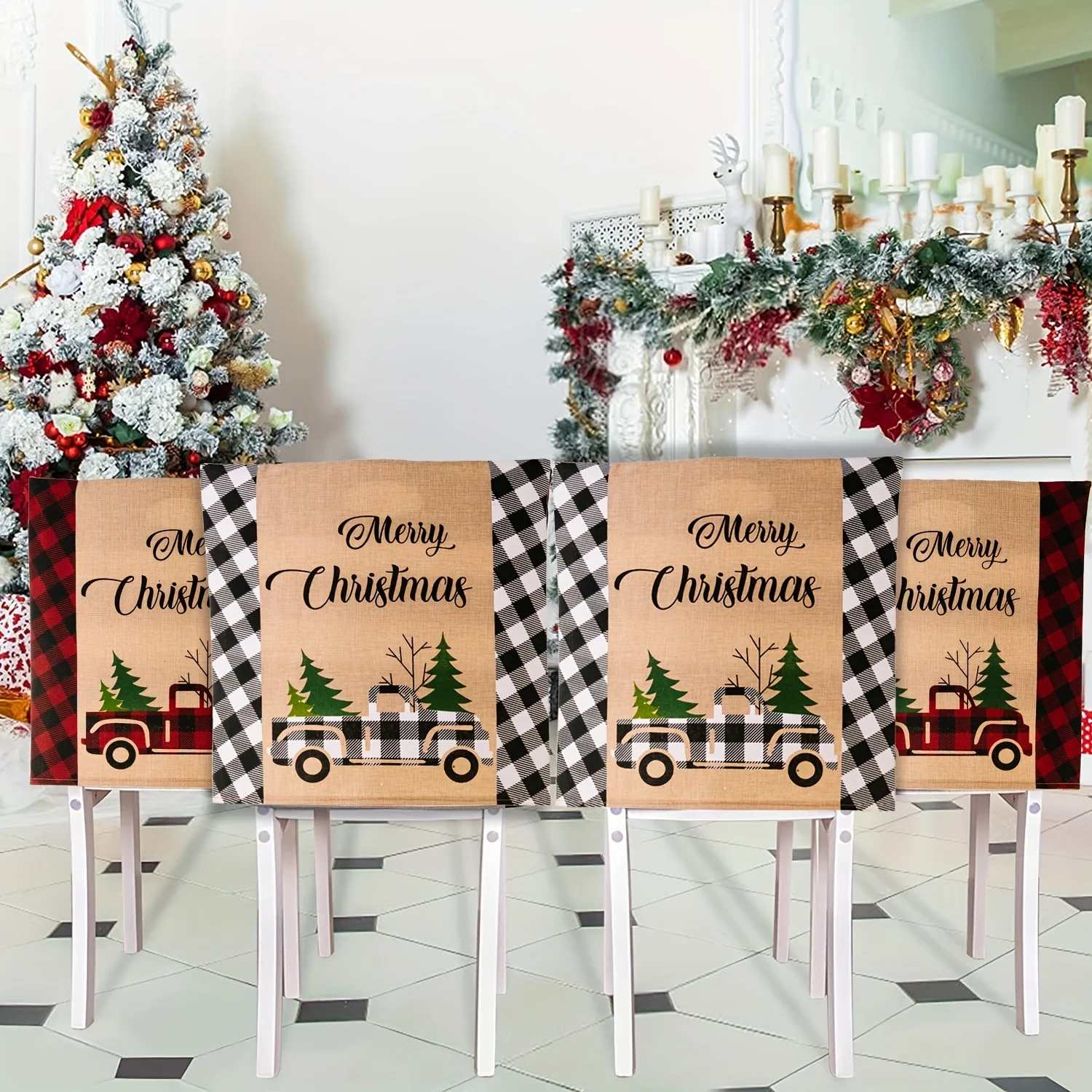 1pc Christmas Chair Cover Protective Cover Linen Buffalo Plaid Car Tree Christmas Chair Cover Holiday Party Decoration