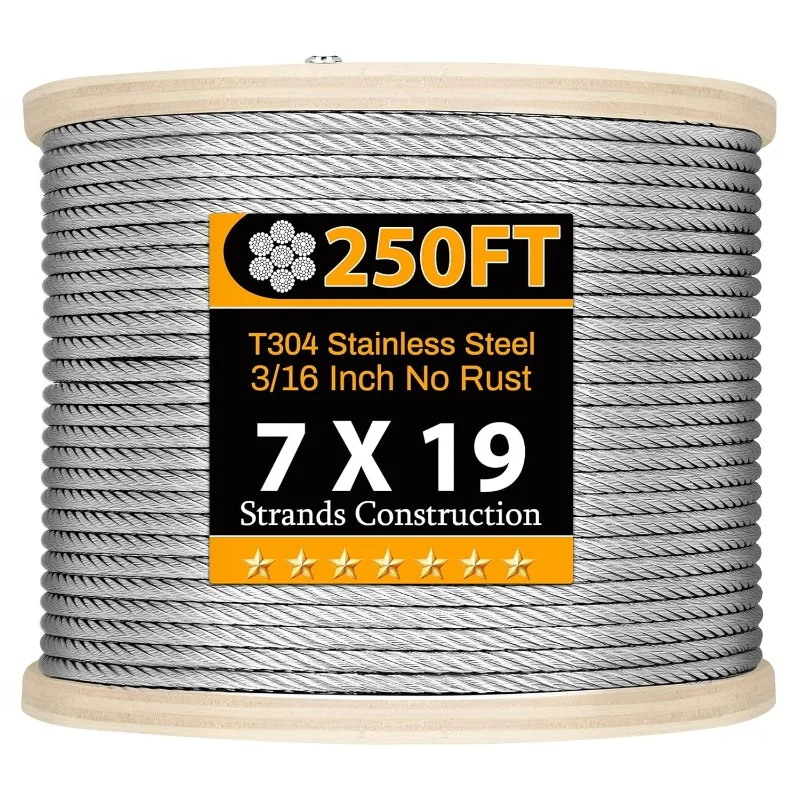

3/16" Stainless Steel Cable, 250ft Wire Rope, 7X19 Strands Aircraft Cable, 3700lbs Breaking Strength, Heavy Duty Applications Zi
