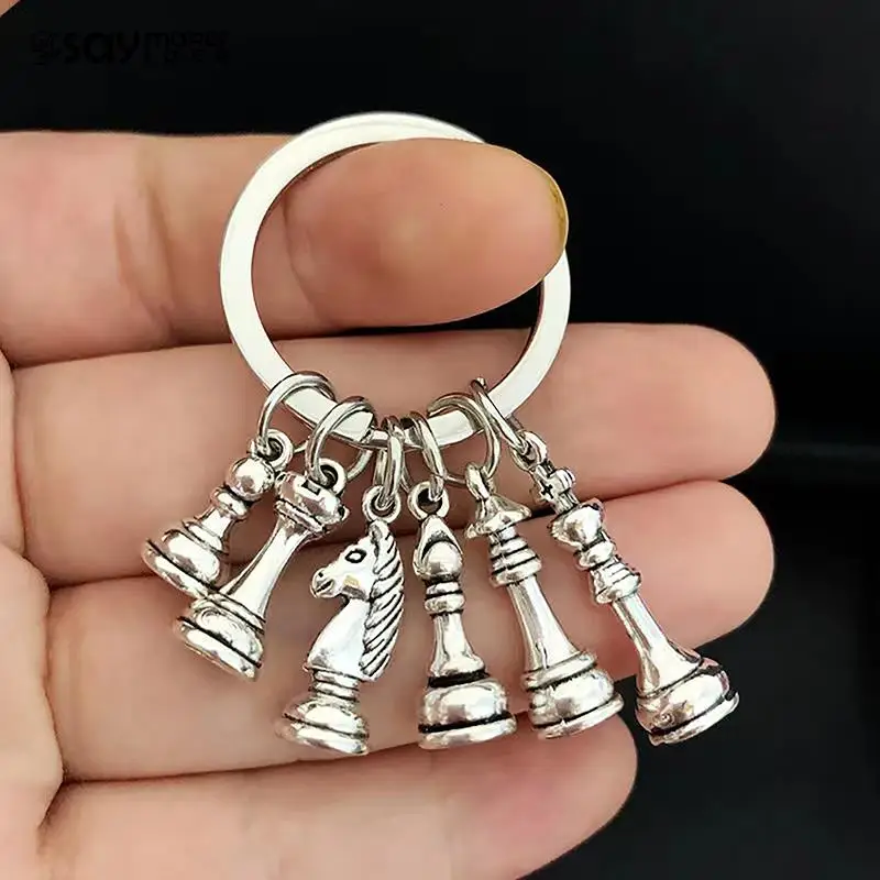 Fashion Chess Keychain Chessboard Chess Piece Glass Dome Pendant Car Keychain Ring Chess Lovers Gift Metal Key Ring Pendant