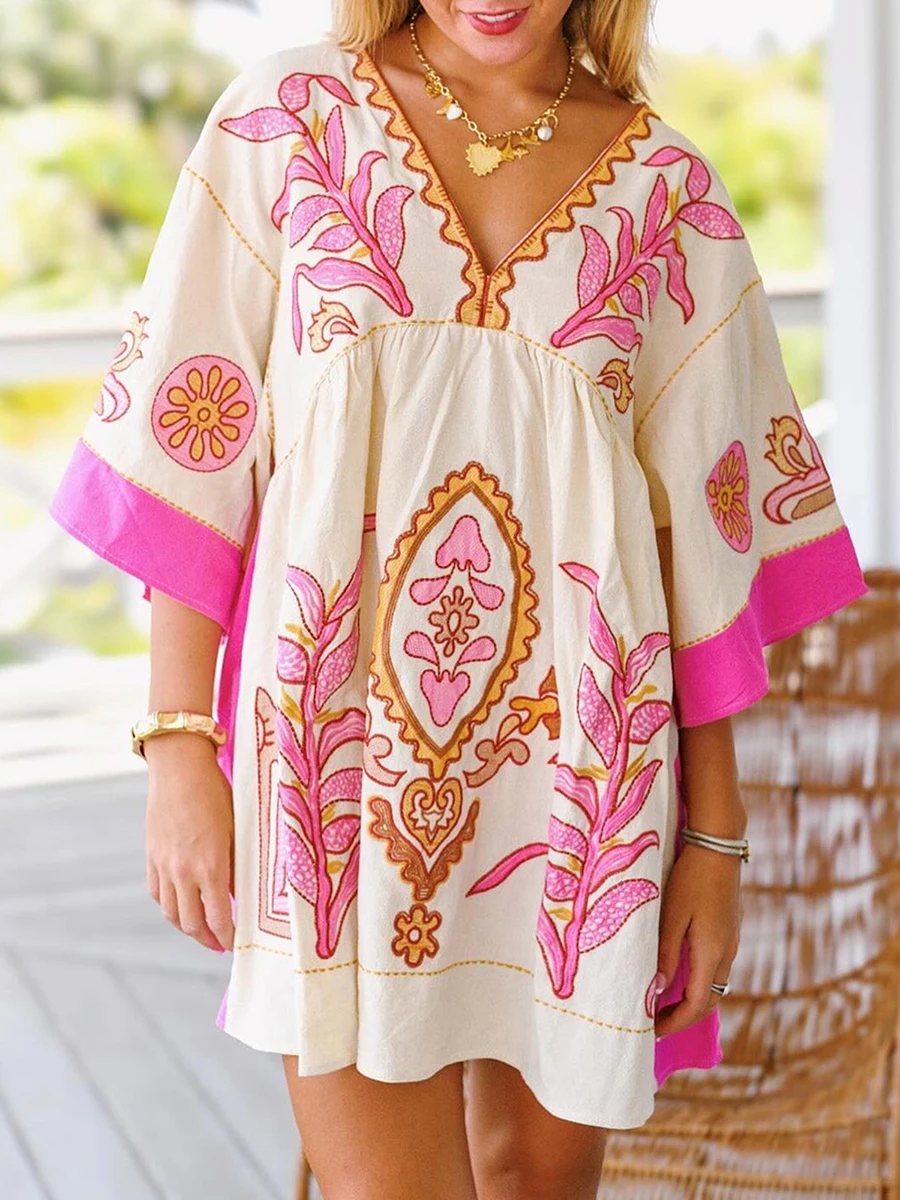 Robe courte bohème à imprimé floral pour femmes, demi-manches, col en V, coupe adt, vacances à la plage, été, Y2K