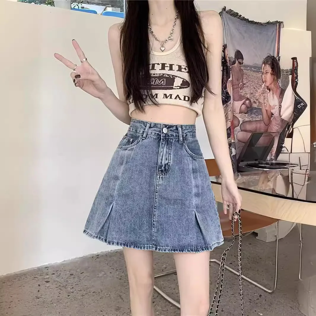 Nuova gonna corta in denim stile Hong Kong per donna in estate, ragazza calda con vita alta e effetto snellente, mezza gonna a trapezio versa