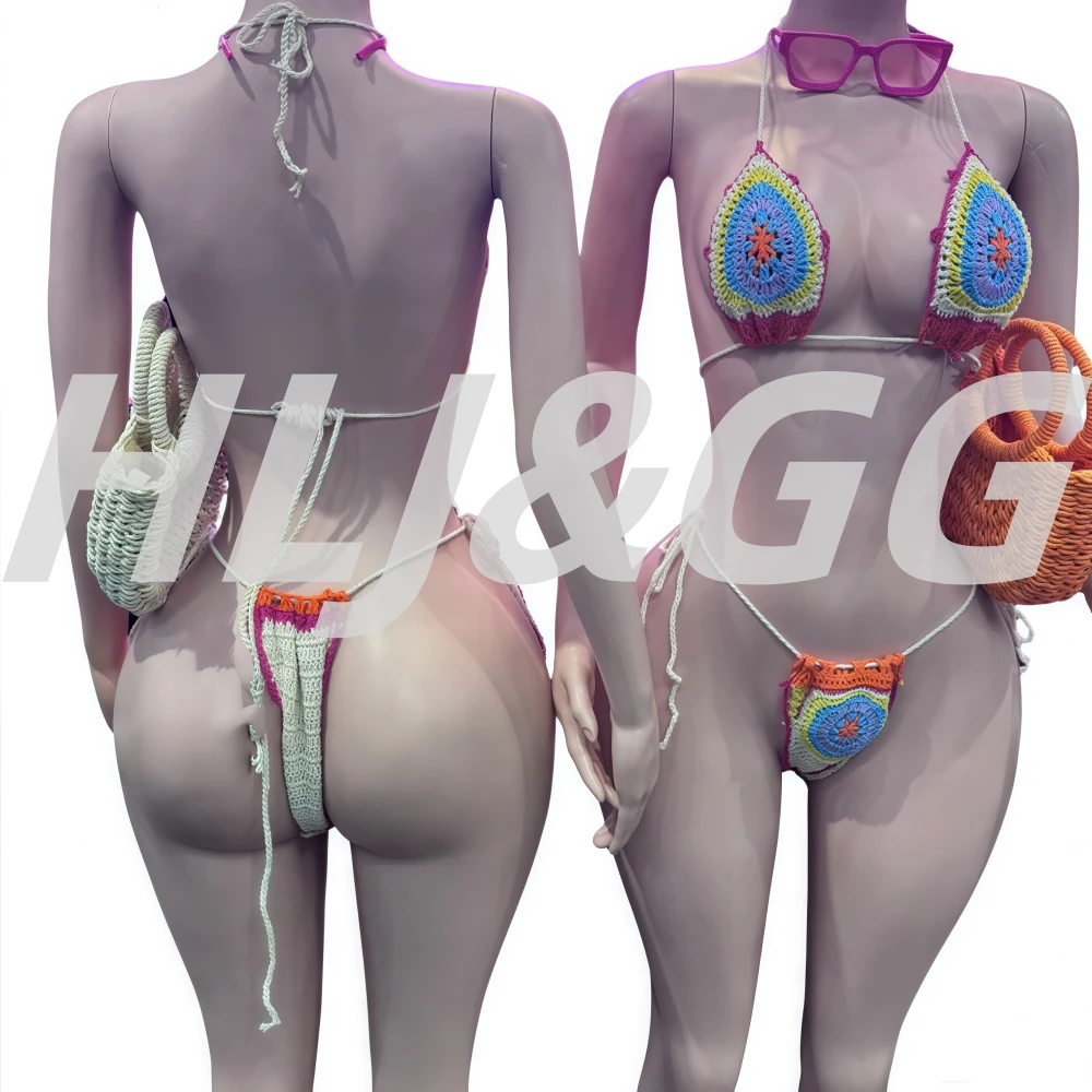 HLJ Summer New Sexy Color Block Knit 2 Piece Bikini Set Boho Style Spaghetti Strap Top + Bandage Briefs Matching Female Swimwear