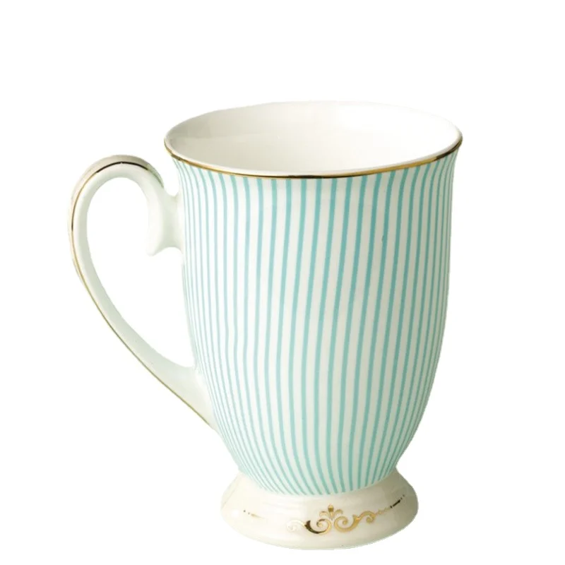 Elegant Tea cups British Purified Ceramic Cups Bone China Blue Stripes Coffee cup Golden Pattern Fashion Unique Design Goblet