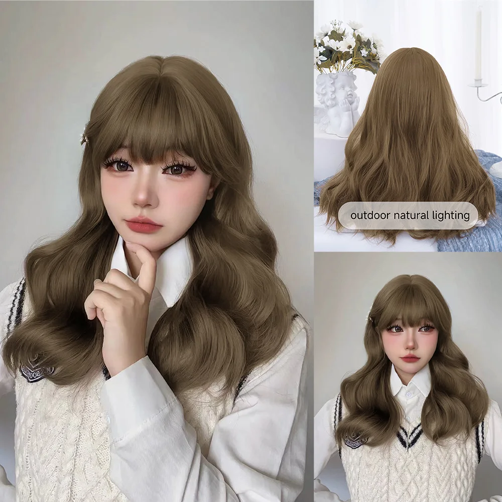 20Inch Tea Brown Lolita Preppy Style Synthetic Wigs with Bangs Long Natural Wavy Hair Wig for Women Daily Cosplay Heat Resistant