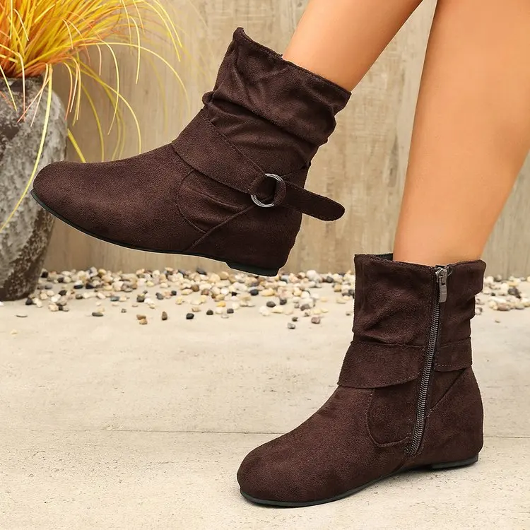 Damen-Stiefeletten mit runder Zehenpartie, verstellbarem Schnallenriemen, seitlichem Reißverschluss, flacher, rutschfester Sohle, lässiges Alltagsschuhwerk für Herbst und Winter – Detail 5