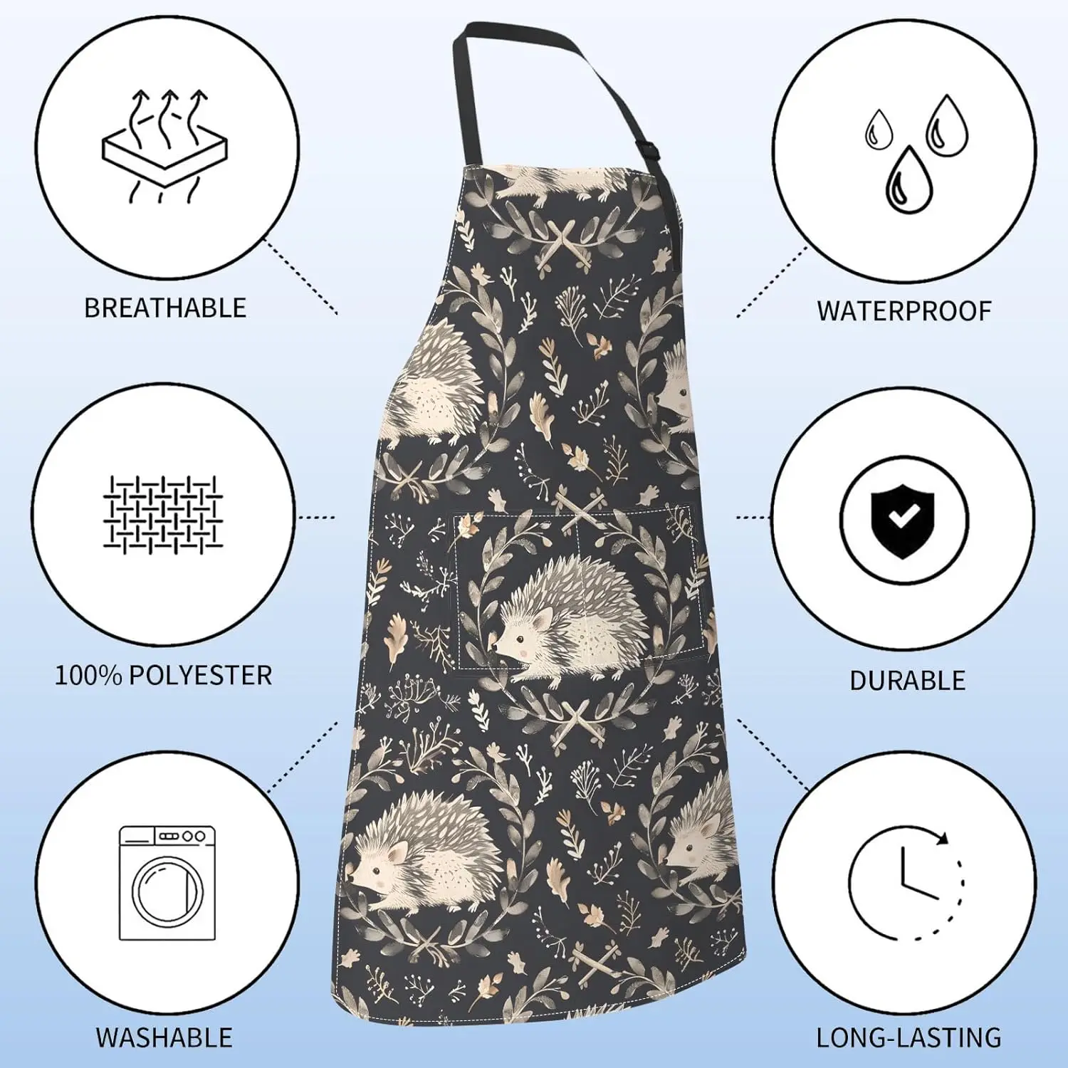 여성용 귀여운 고슴도치 앞치마, 숲속 풍경, 28x33인치, 소박한 주방 앞치마, 포켓 2개, 옥스포드 원단, 나뭇잎 무늬, 조절 가능, 다크 색상