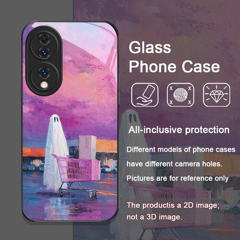Cute Cartoon Black Cat Ghost Printed Tempered Glass Phone Case for Huawei Nova 13 Pro 12 11 SE 10 P60 Lite Mate 40 50 60 Covers