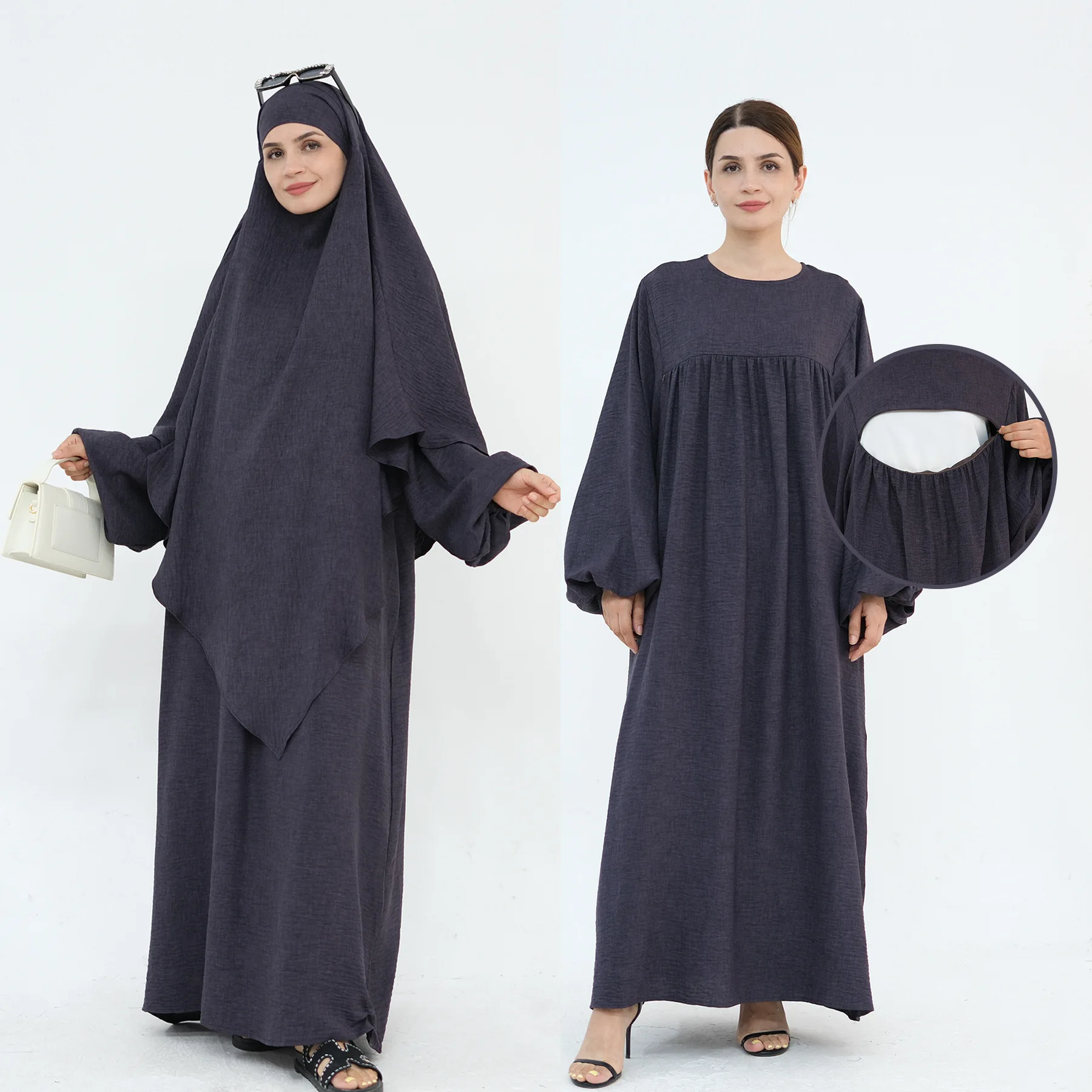 2PCS Ramadan Muslim Women Breastfeeding Nursing Dress Gown Hijab Khimar Abaya Eid Djellaba Islam Jalabiya Turkey Kaftan Robe Set