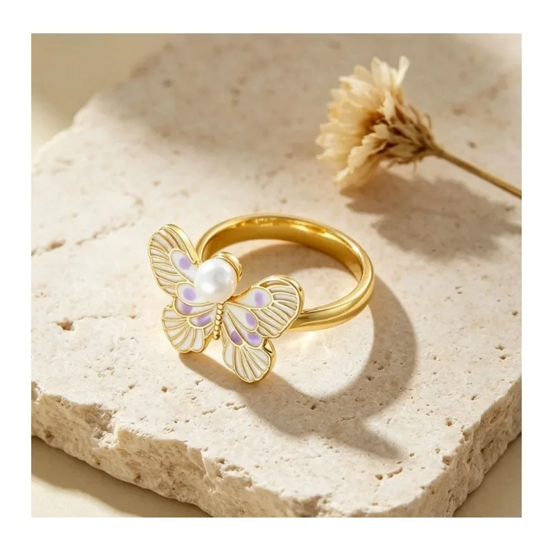 

Enamel Drop Glaze Butterfly Pearl Ring Niche Design Guochao Oil Painting Three-dimensional Butterfly Index Finger Ring Smart and