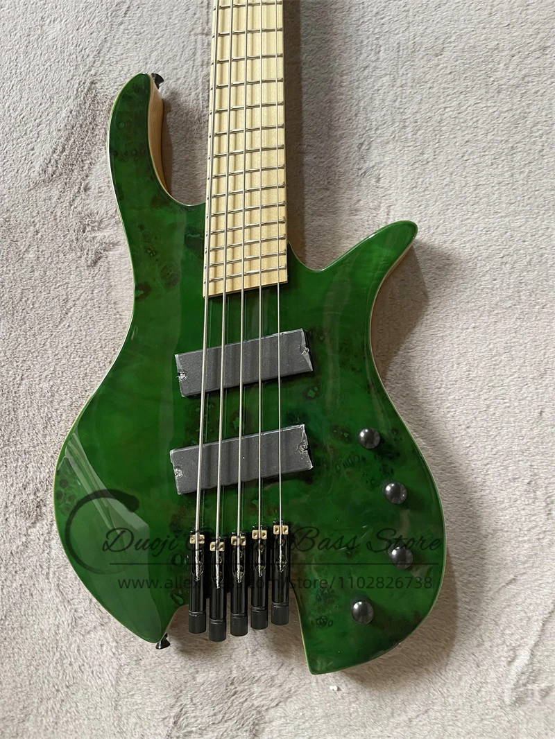 Factory Headless 4 Strings Electric Guitar Bass Ash Wood Body Green Maple Burl Top Maple Fretboard Fanned Frets Customizable