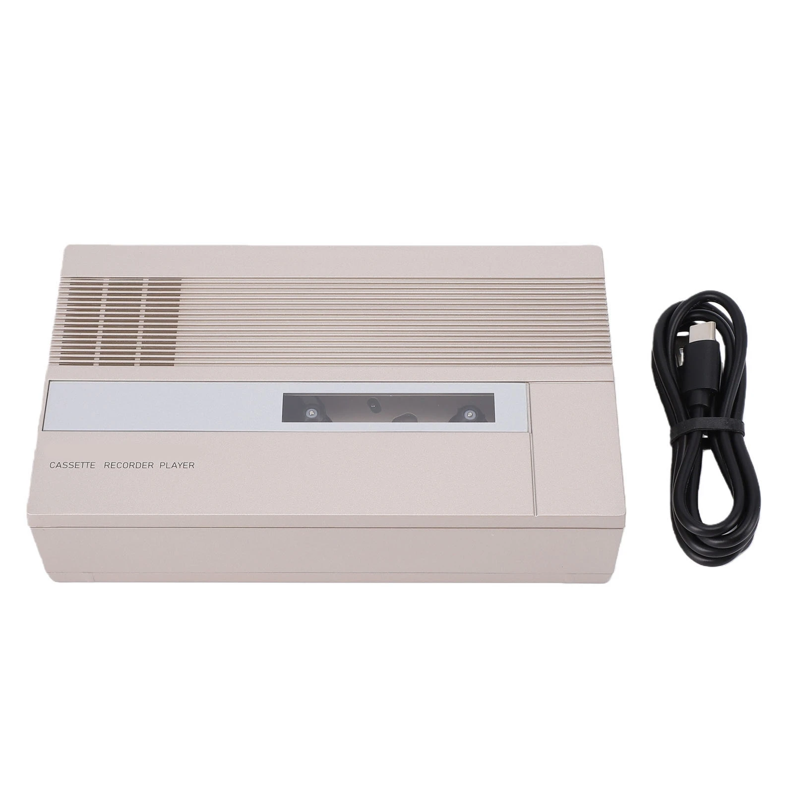 Draagbare cassette-recorder en -speler met ingebouwde luidspreker en hoofdtelefoonaansluiting, en een digitale converter.