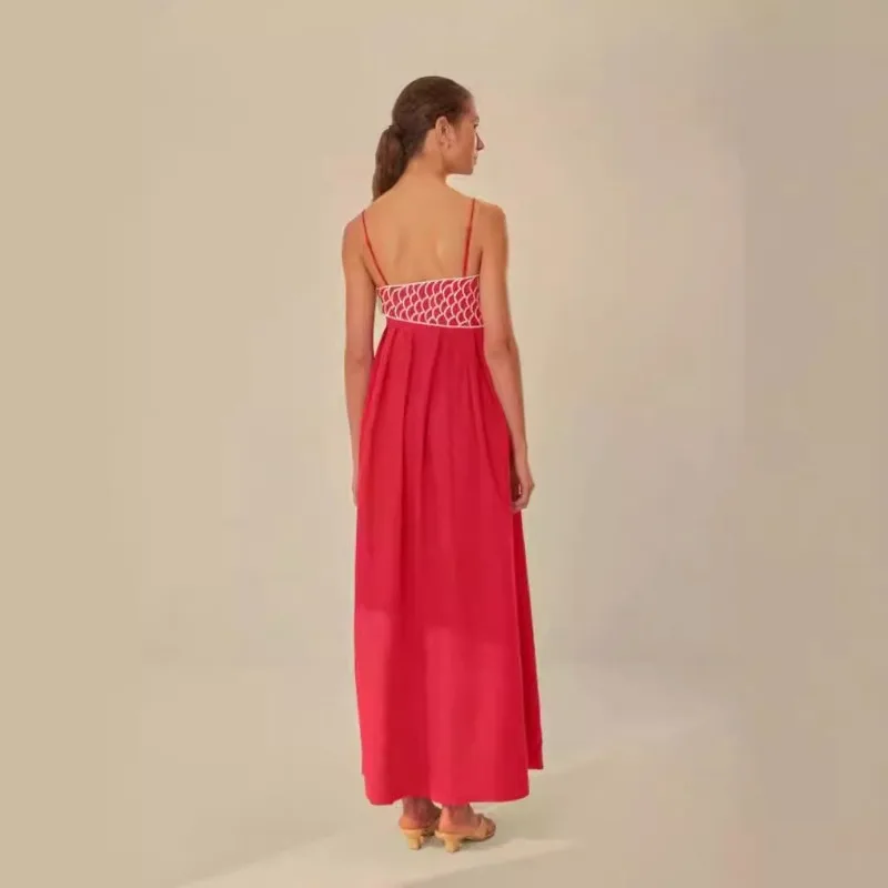 Design 3D Embroidered Red Koi Strap Dress 2024 Spring Summer New Pleated High Waist Sleeveless Backless Elegant Long Robes