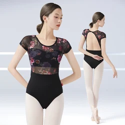 Woman Ballet Leotards Floral Dance Leotards Short Sleeves Gymnastic Leotards Adult Nylon Splice Ballet Dancing Bodysuit Swimsuit