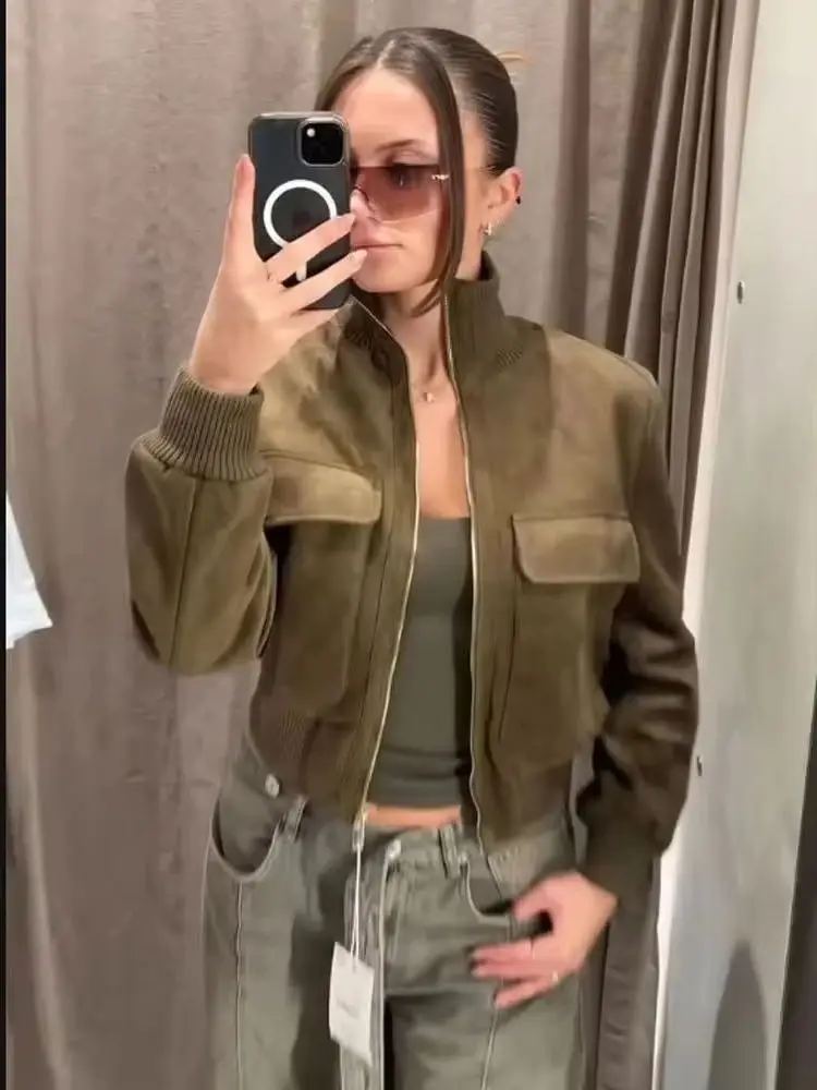 

Женская укороченная куртка HH в уличном стиле, однотонная, с воротником-стойкой, на молнии, с карманами, длинными рукавами, 2026, модная повседневная приталенная куртка для женщин