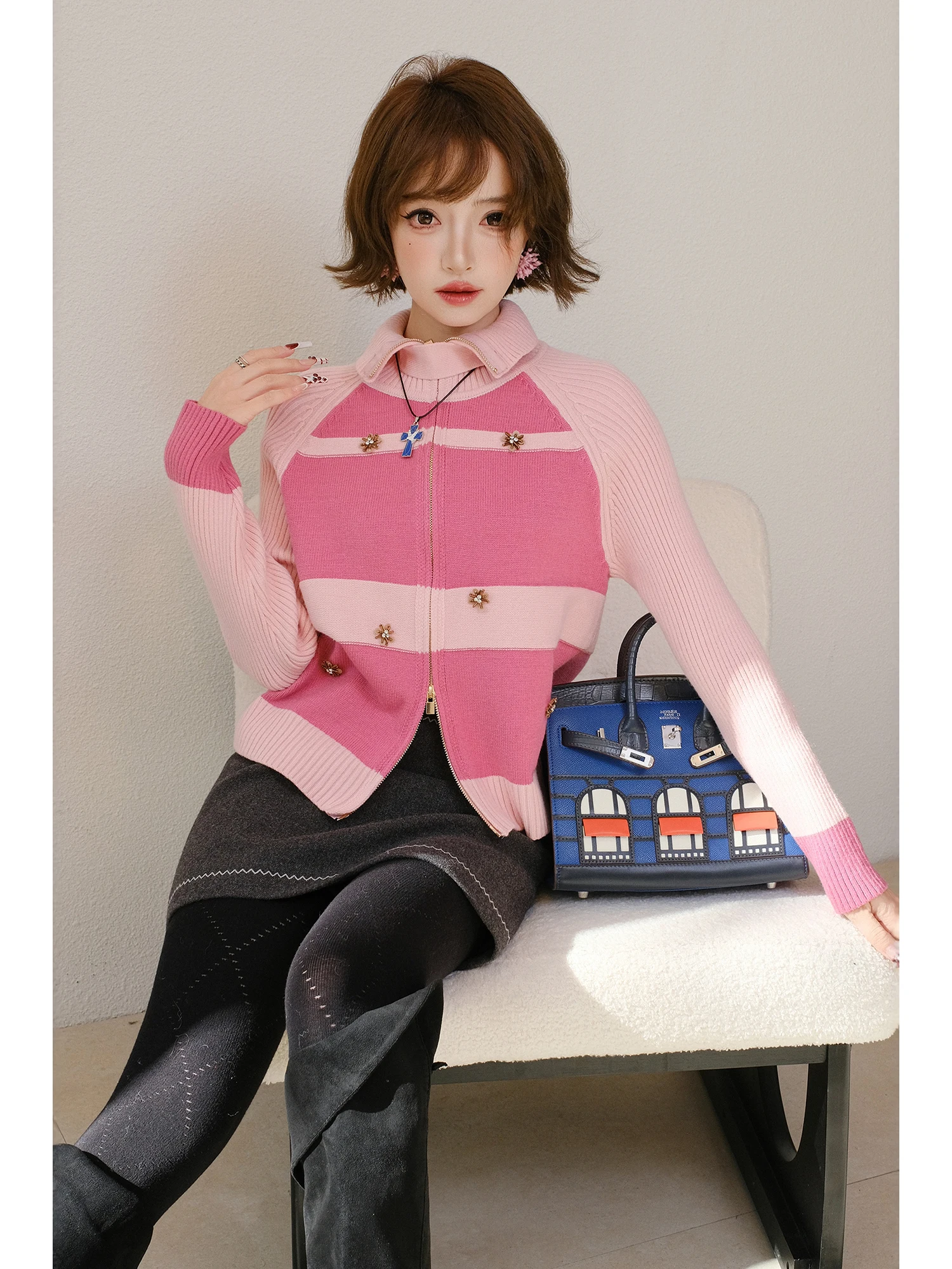 

MIUCO Корейский мягкий вязаный кардиган в стиле школьной формы, розовый, с отложным воротником, на двойной молнии, для ношения под одеждой, женский топ