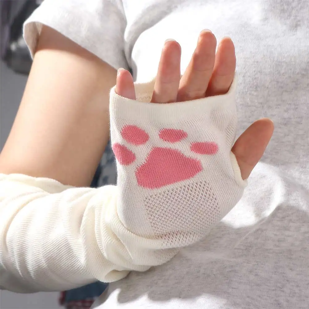Kawaii Fingerless Kitty Paw Arm Sleeves UV Protection Breathable Cat Claw Arm Cover Thin Cotton Cat Oversleeve JK
