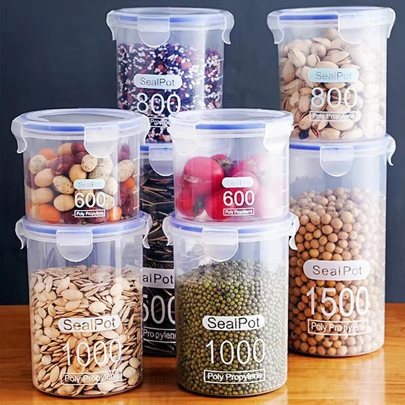 S/M/L/XL Size Transparent Plastic Sealed Food Storage Pots Kitchen Grain Candy Spice Jars Storage Containers For Kitchen