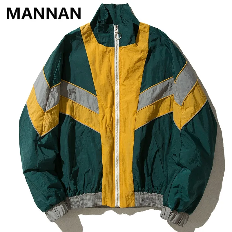 MANNAN-Veste coupe-vent patchwork avec fermeture éclair, streetwear hip hop vintage, chemises de documents multicolores, survêtement décontracté,