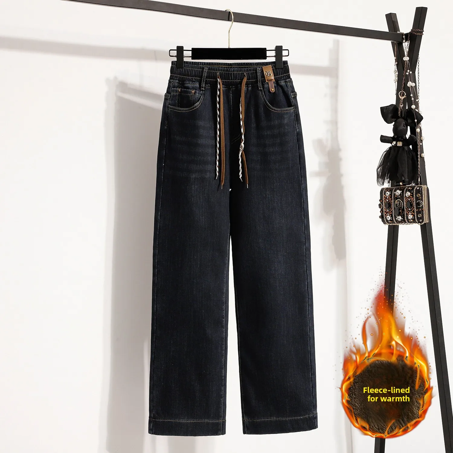 بالإضافة إلى حجم المرأة الشتاء Thiened Fce مستقيم الساق الجينز مرونة الخصر عارضة السراويل الطويلة القطن البوليستر مزيج بسط #1